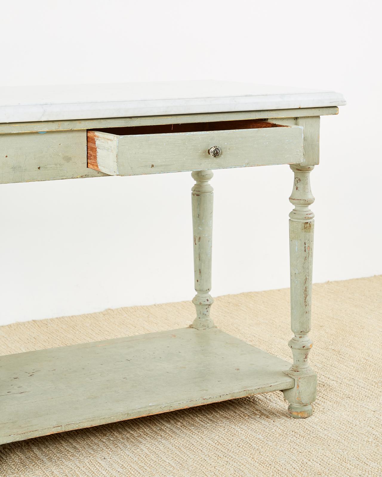 Rustic French Marble-Top Bakers Table or Kitchen Island