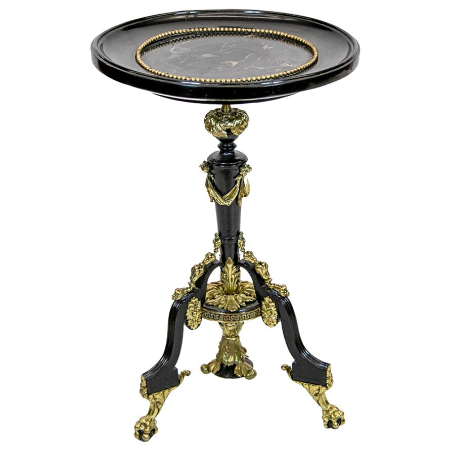 French Marble-Top Black Lacquered Tripod Table For Sale