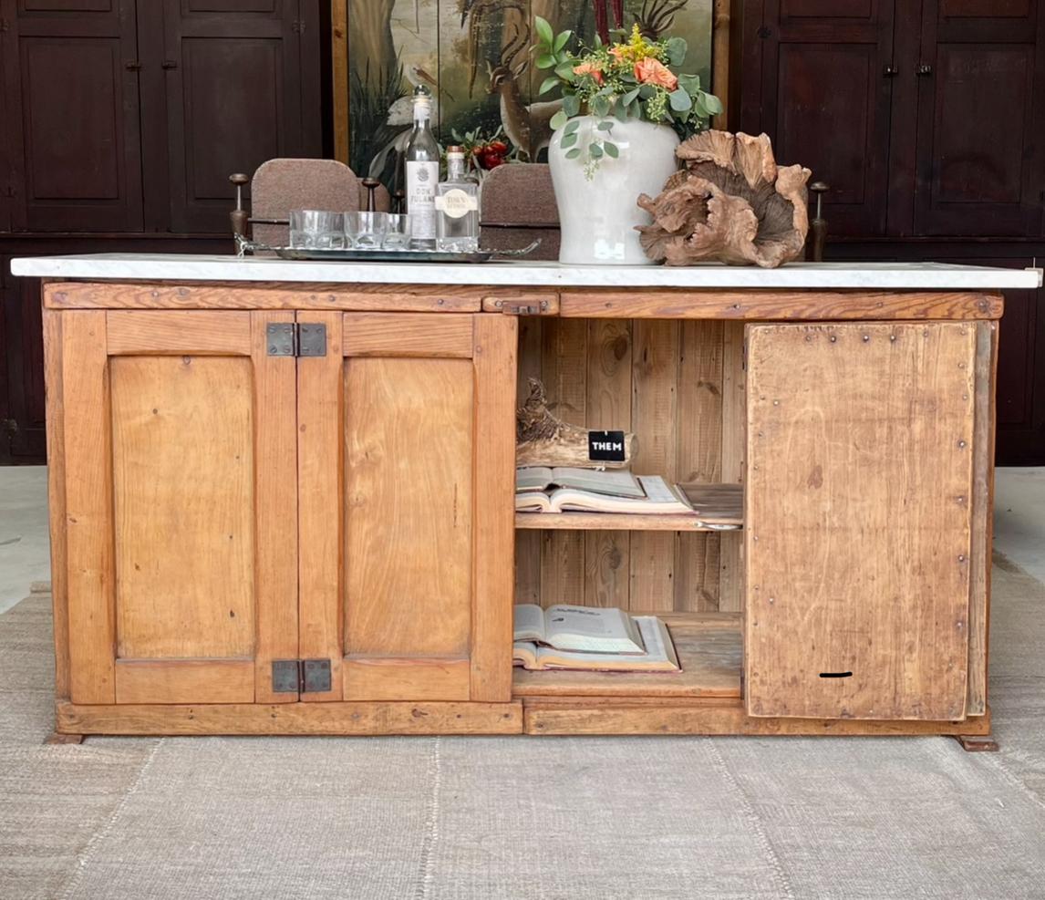 Industrial French Marble Top Boulangerie, Baker’s Cabinet, Island