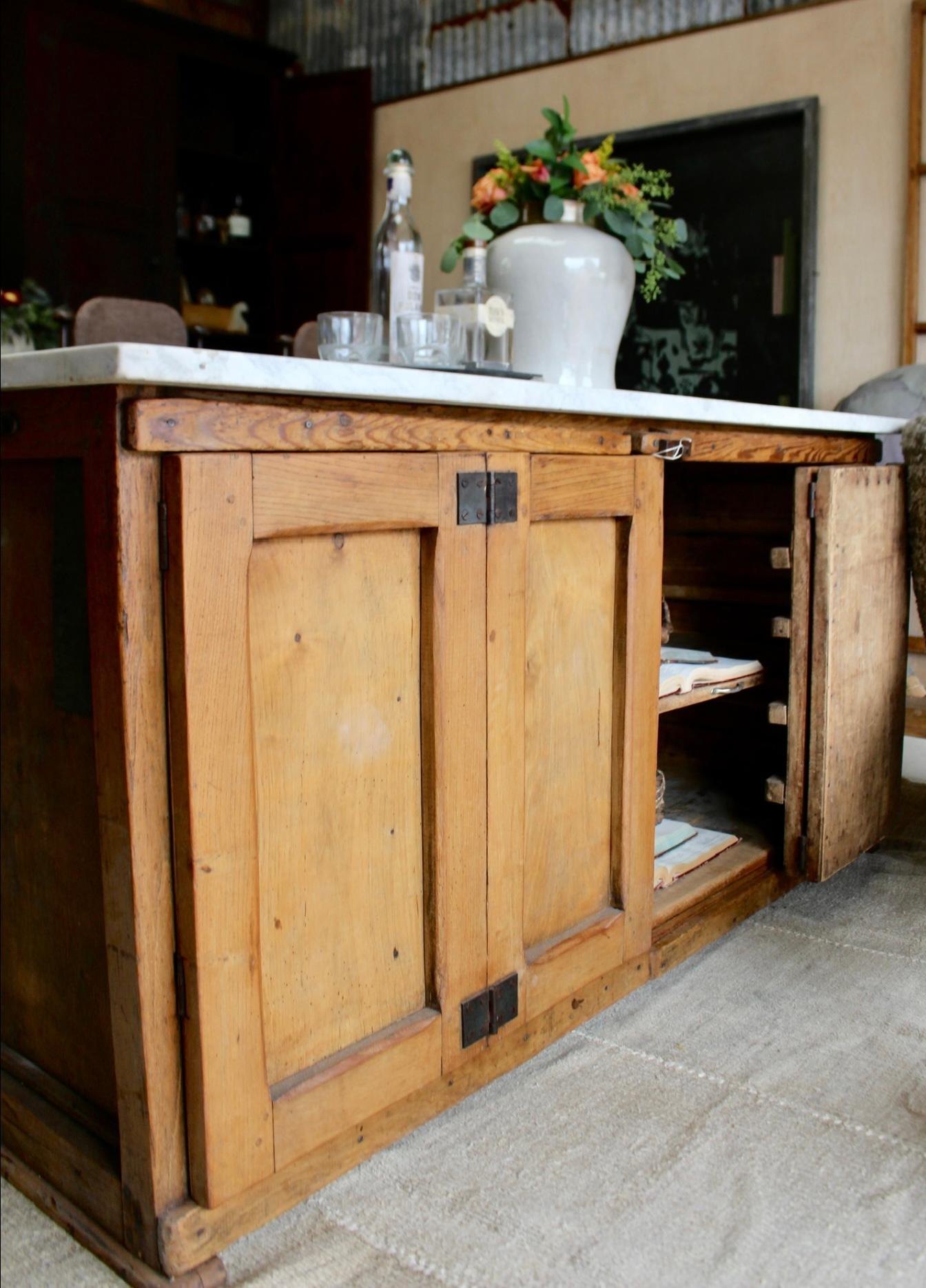 French Marble Top Boulangerie, Baker’s Cabinet, Island In Good Condition In Mckinney, TX