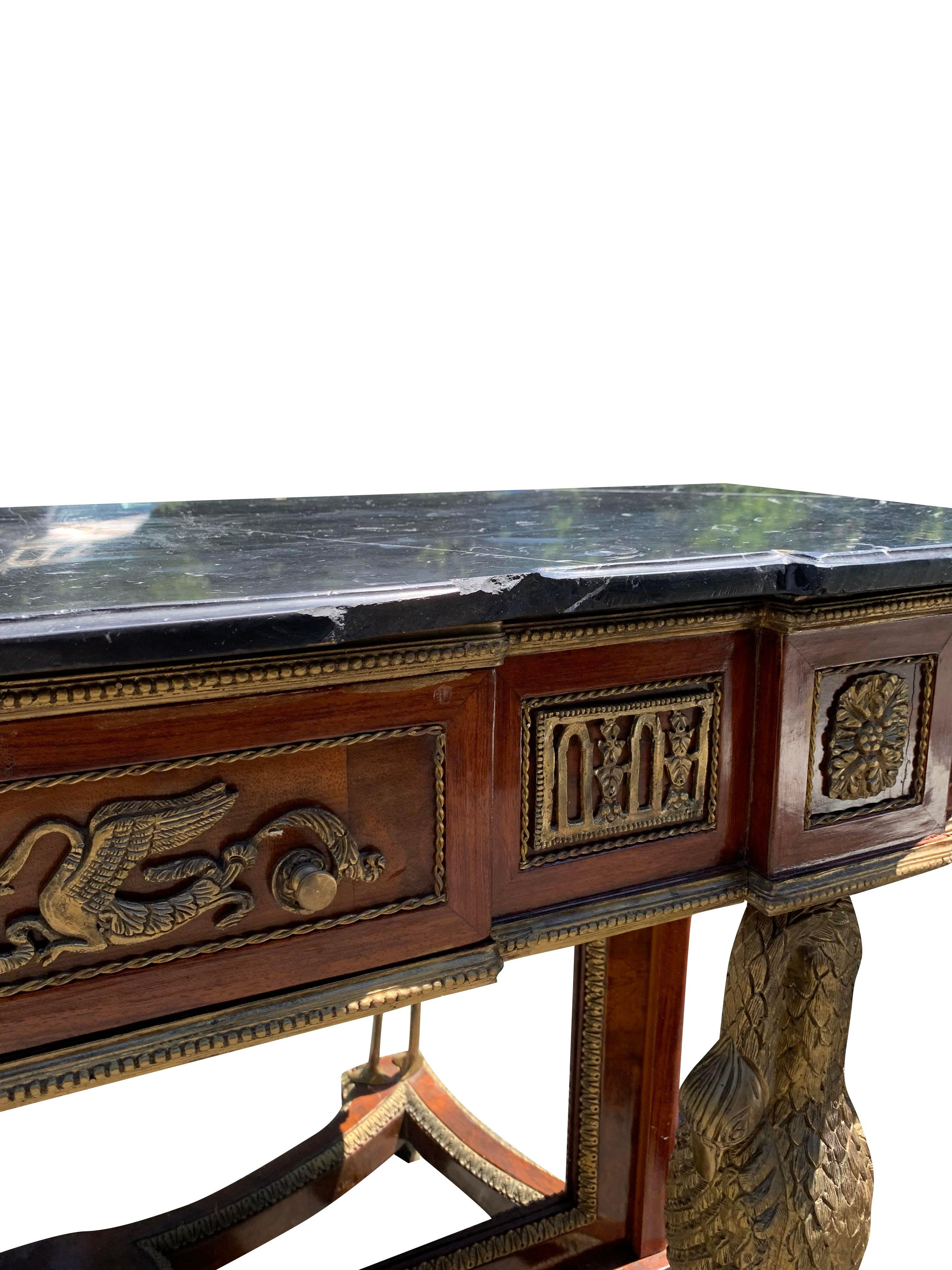 French Marble Top Brass Console Table With Mirror Front With Birds For Sale 6
