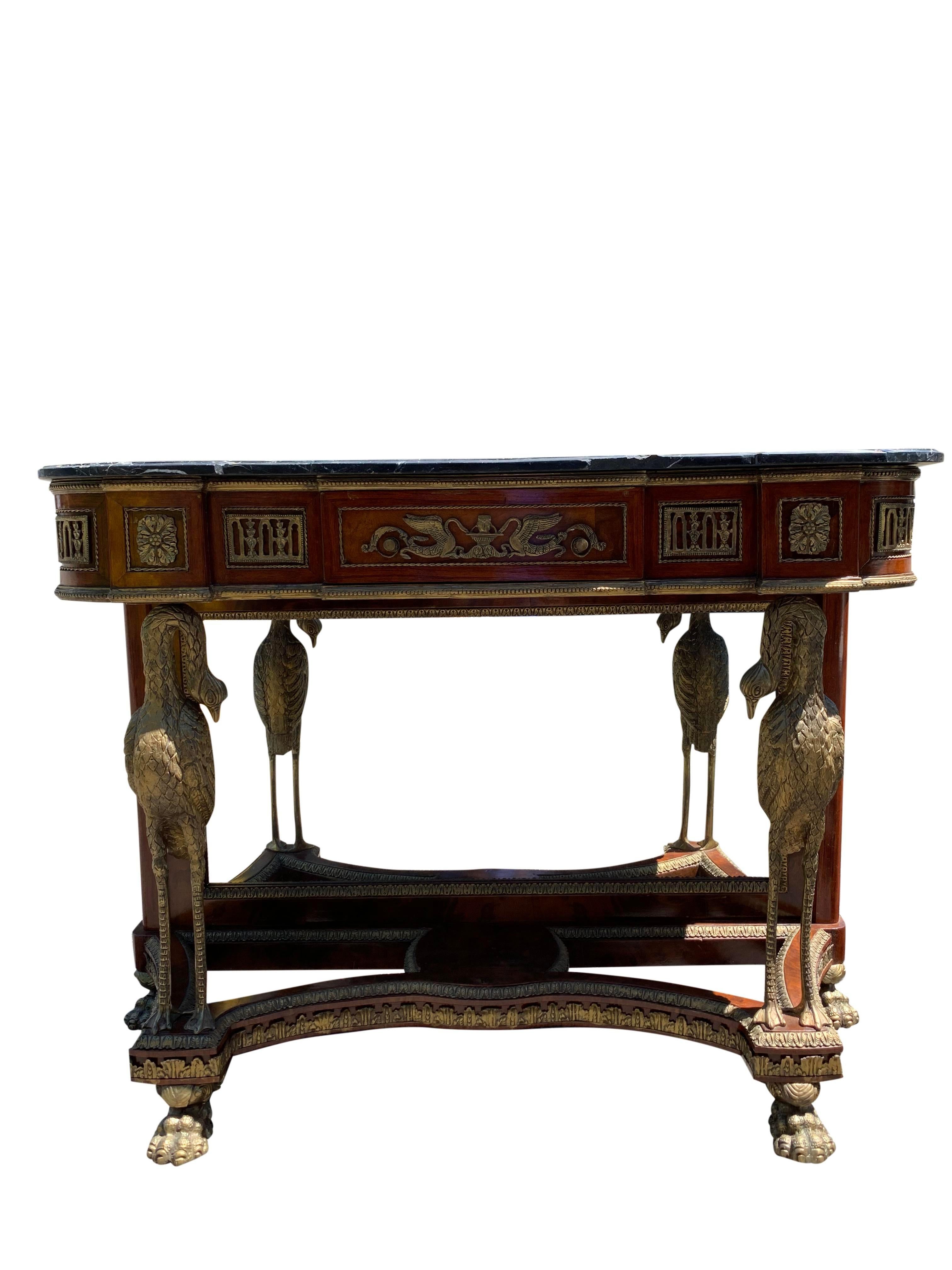 French Marble Top Brass Console Table With Mirror Front With Birds For Sale 7