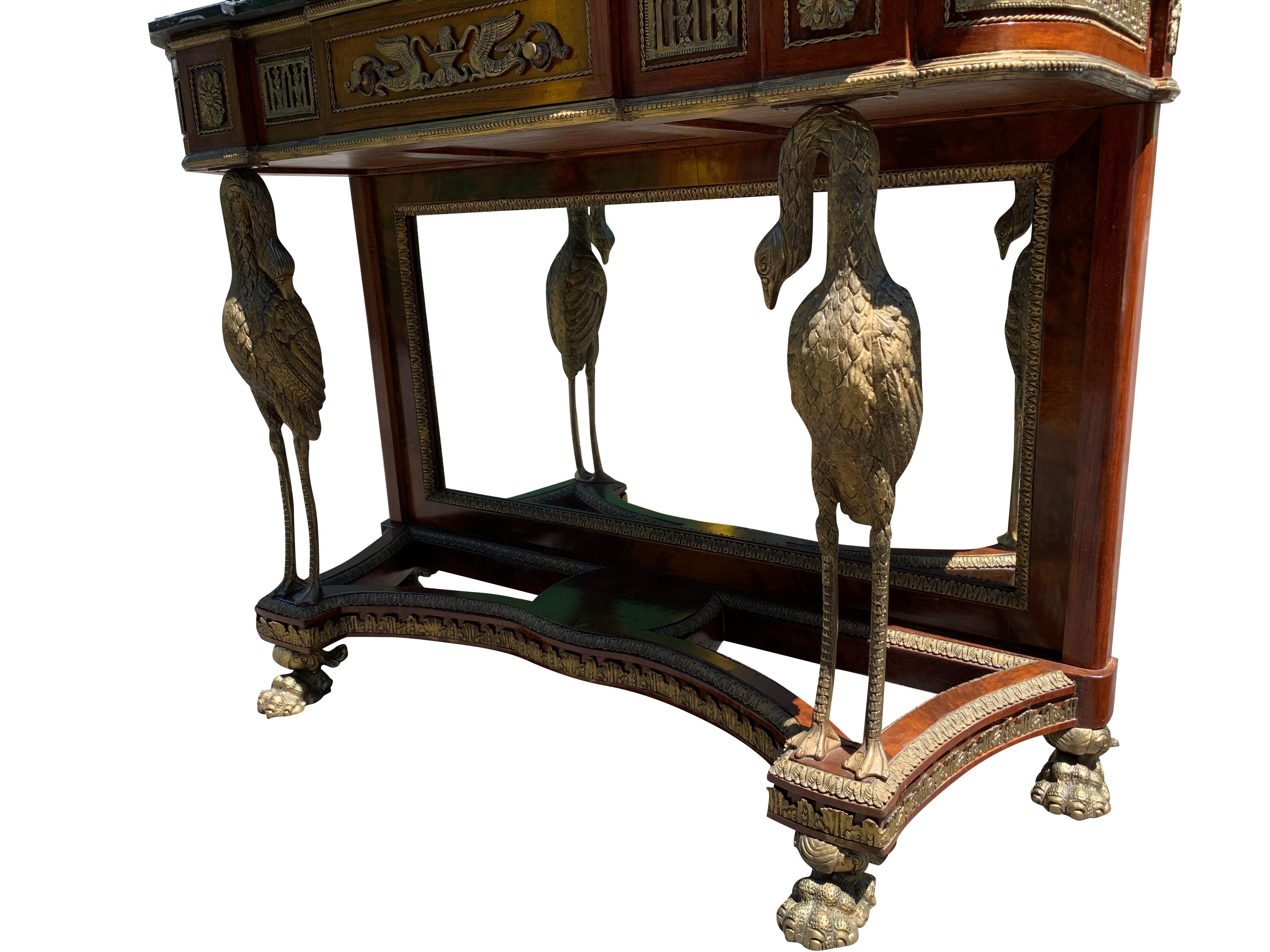 French Marble Top Brass Console Table With Mirror Front With Birds In Good Condition For Sale In Saddle River, NJ