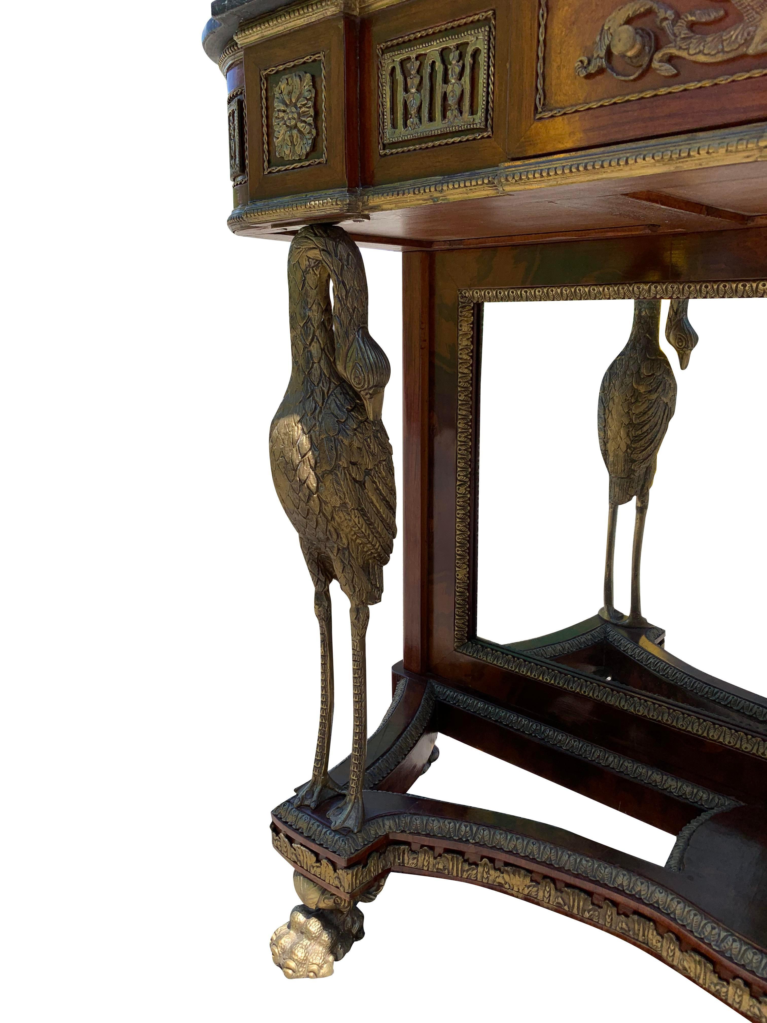 Mid-20th Century French Marble Top Brass Console Table With Mirror Front With Birds For Sale
