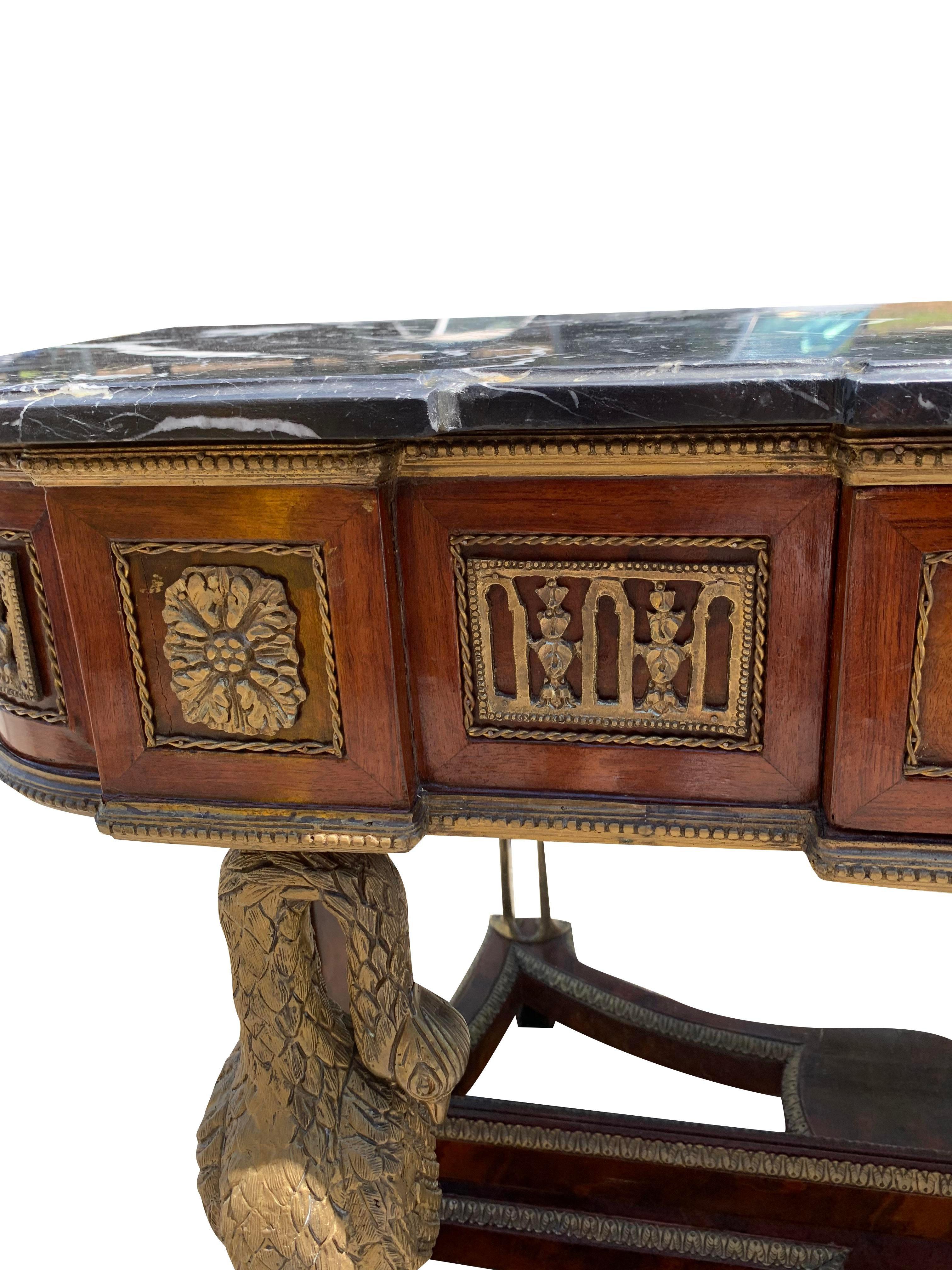 French Marble Top Brass Console Table With Mirror Front With Birds For Sale 1