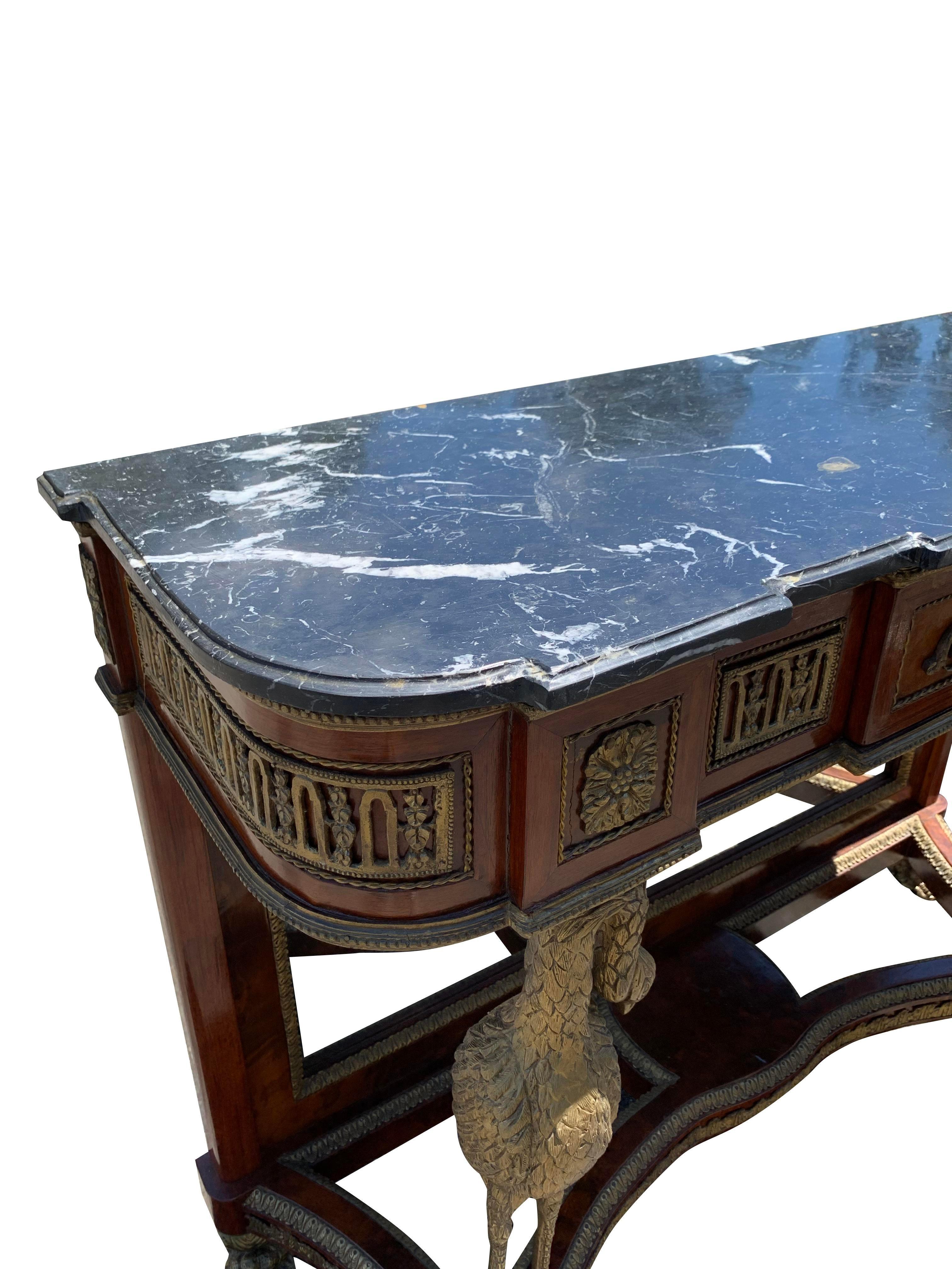 French Marble Top Brass Console Table With Mirror Front With Birds For Sale 2