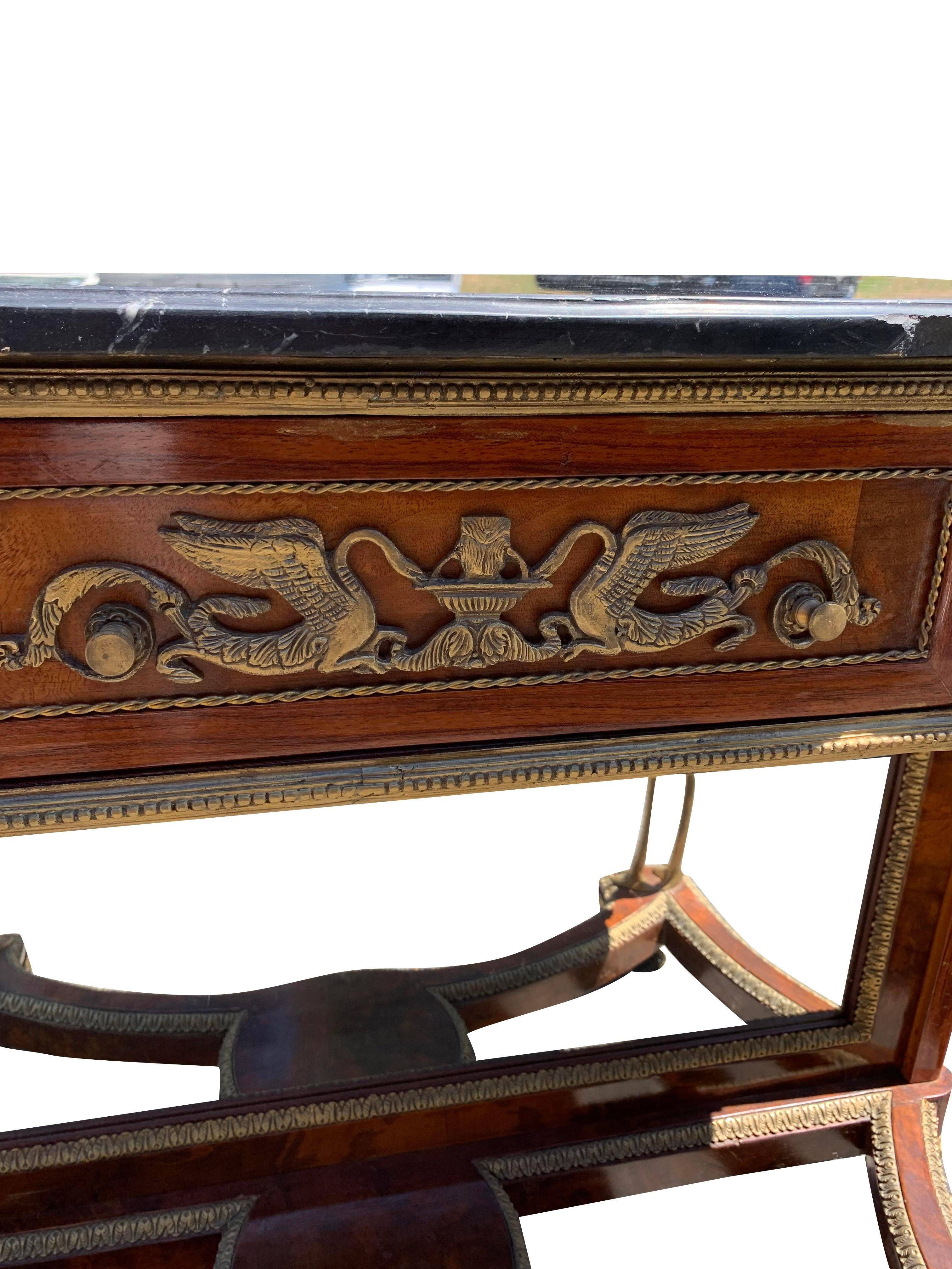 French Marble Top Brass Console Table With Mirror Front With Birds For Sale 3