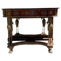 French Marble Top Brass Console Table With Mirror Front With Birds