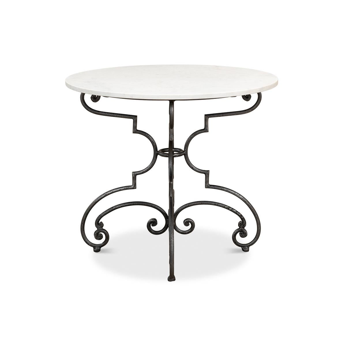French country-style round table with a classic white marble top on a hand-forged iron base.

Dimensions: 32