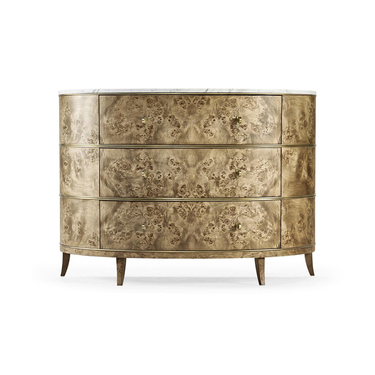 Modern French Marle top Burl Demi Lune dresser, constructed of hardwood and ash burl veneer under a light, transparent lacquer finish with an Italian white marble top. The brass hardware is acid-dipped and hand-rubbed to achieve a rich, natural