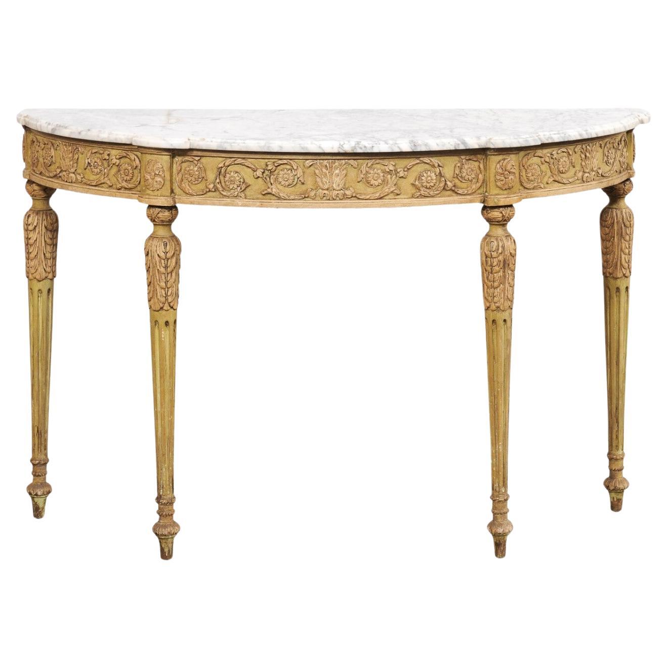 French Marble Top Carved Demi-Lune w/ Original Finish