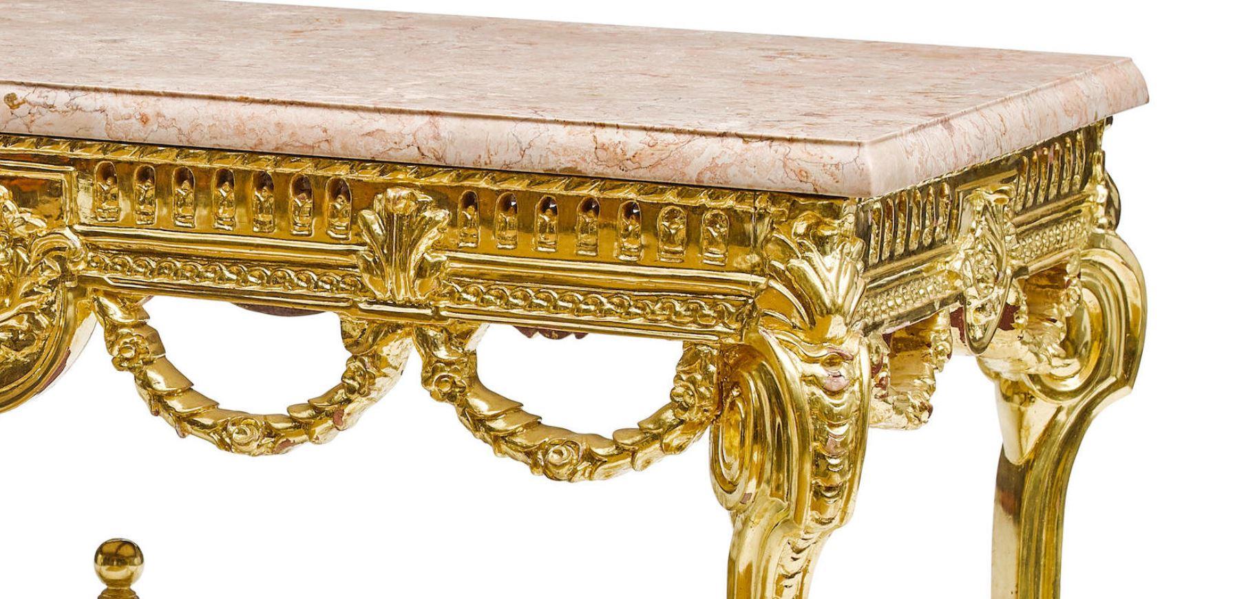 Louis XVI French Marble-Top Carved Gold Leafed Console Table