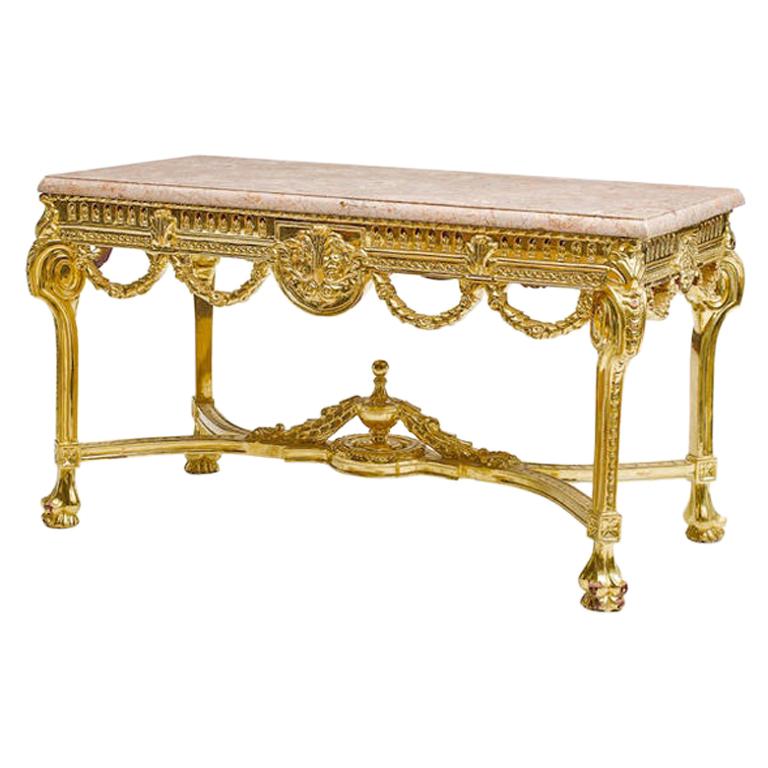 French Marble-Top Carved Gold Leafed Console Table