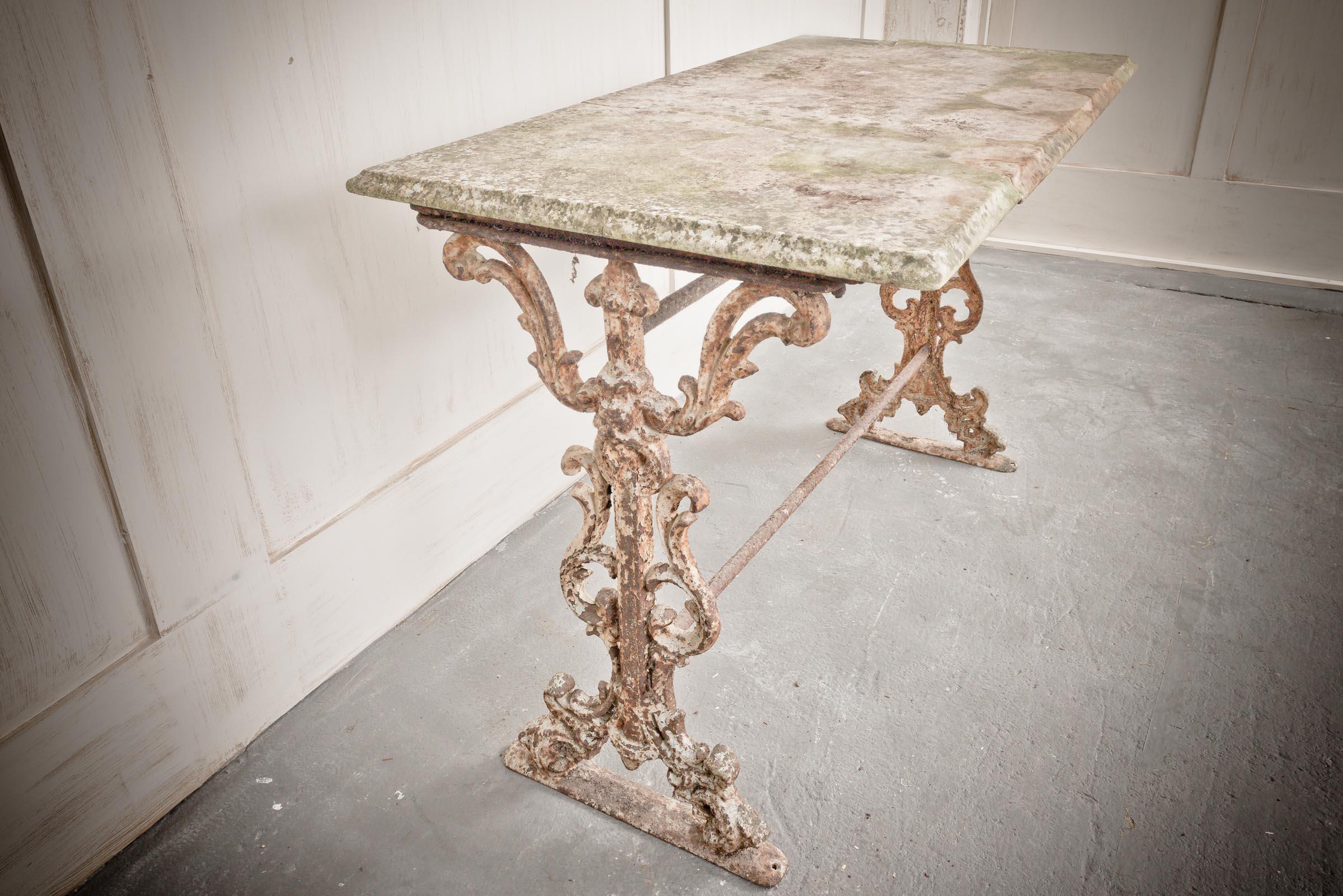 French Marble Top Cast Iron Patina Table For Sale 1