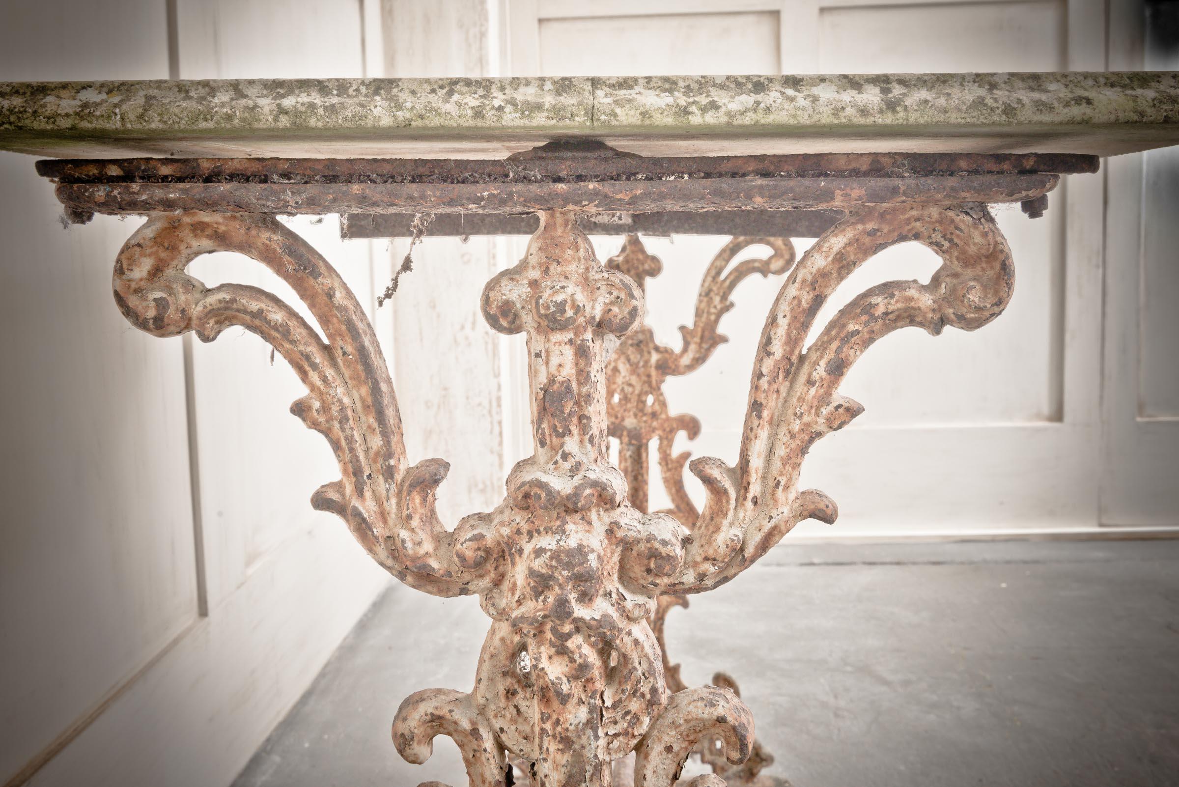 French Marble Top Cast Iron Patina Table For Sale 2