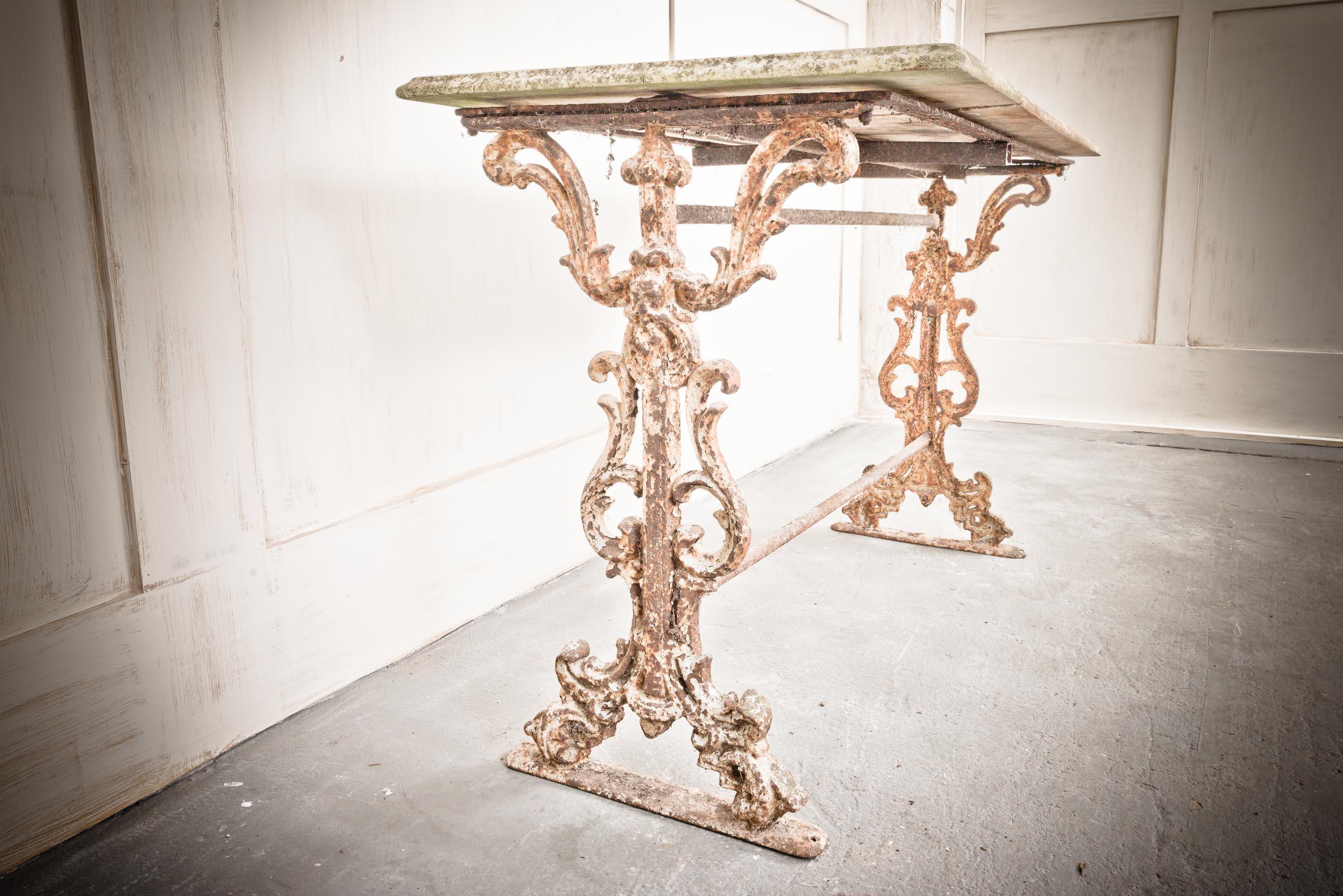 French Marble Top Cast Iron Patina Table For Sale 4