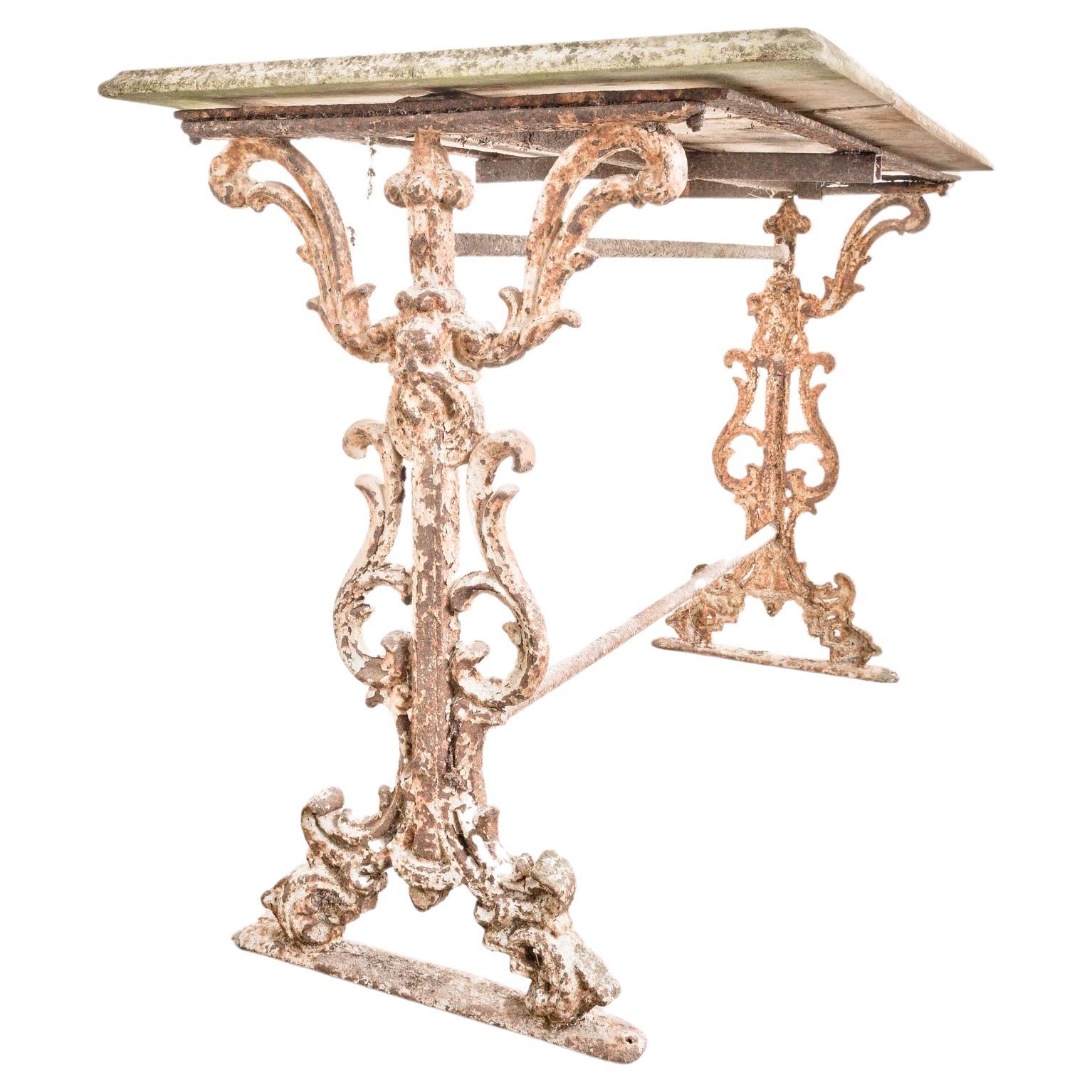 French Marble Top Cast Iron Patina Table For Sale