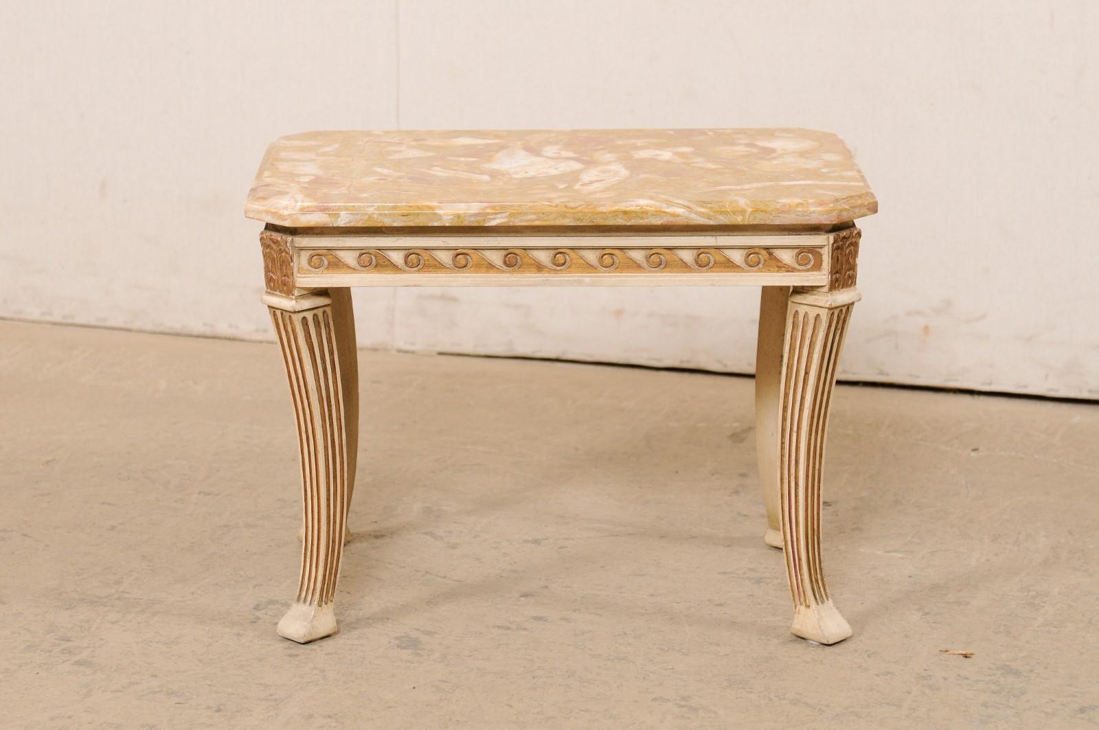 20th Century French Marble-Top Cocktail or Side Table W/Wave Carved Apron & Fluted Sabre Legs For Sale