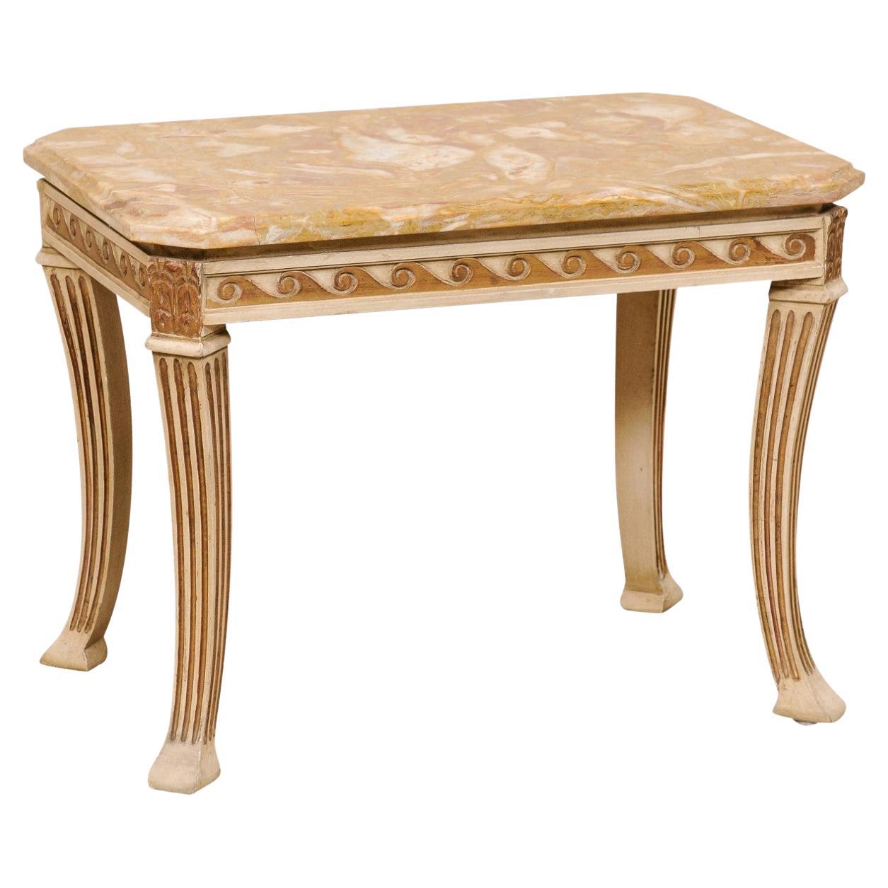 French Marble-Top Cocktail or Side Table W/Wave Carved Apron & Fluted Sabre Legs For Sale