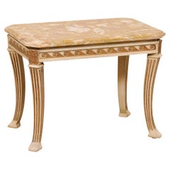 French Marble-Top Cocktail or Side Table W/Wave Carved Apron & Fluted Sabre Legs