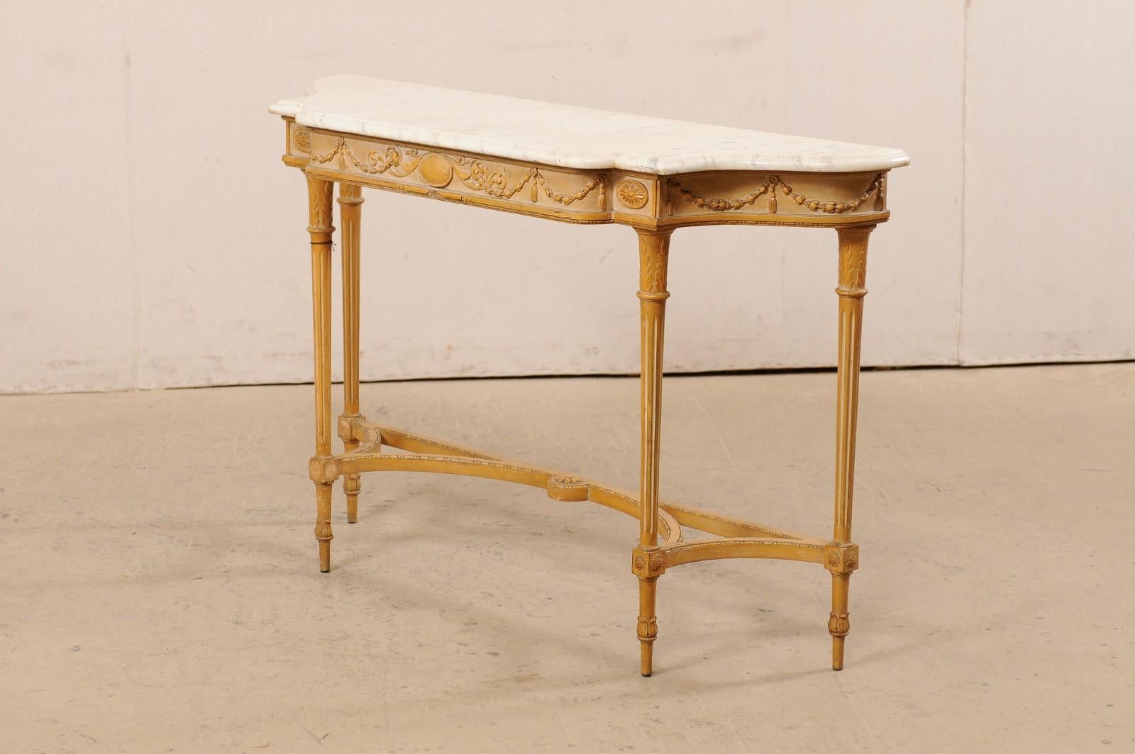 French Marble Top Console Table w/ Neoclassical Style Carvings & Fluted Legs 7