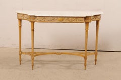 French Marble Top Console Table w/ Neoclassical Style Carvings & Fluted Legs
