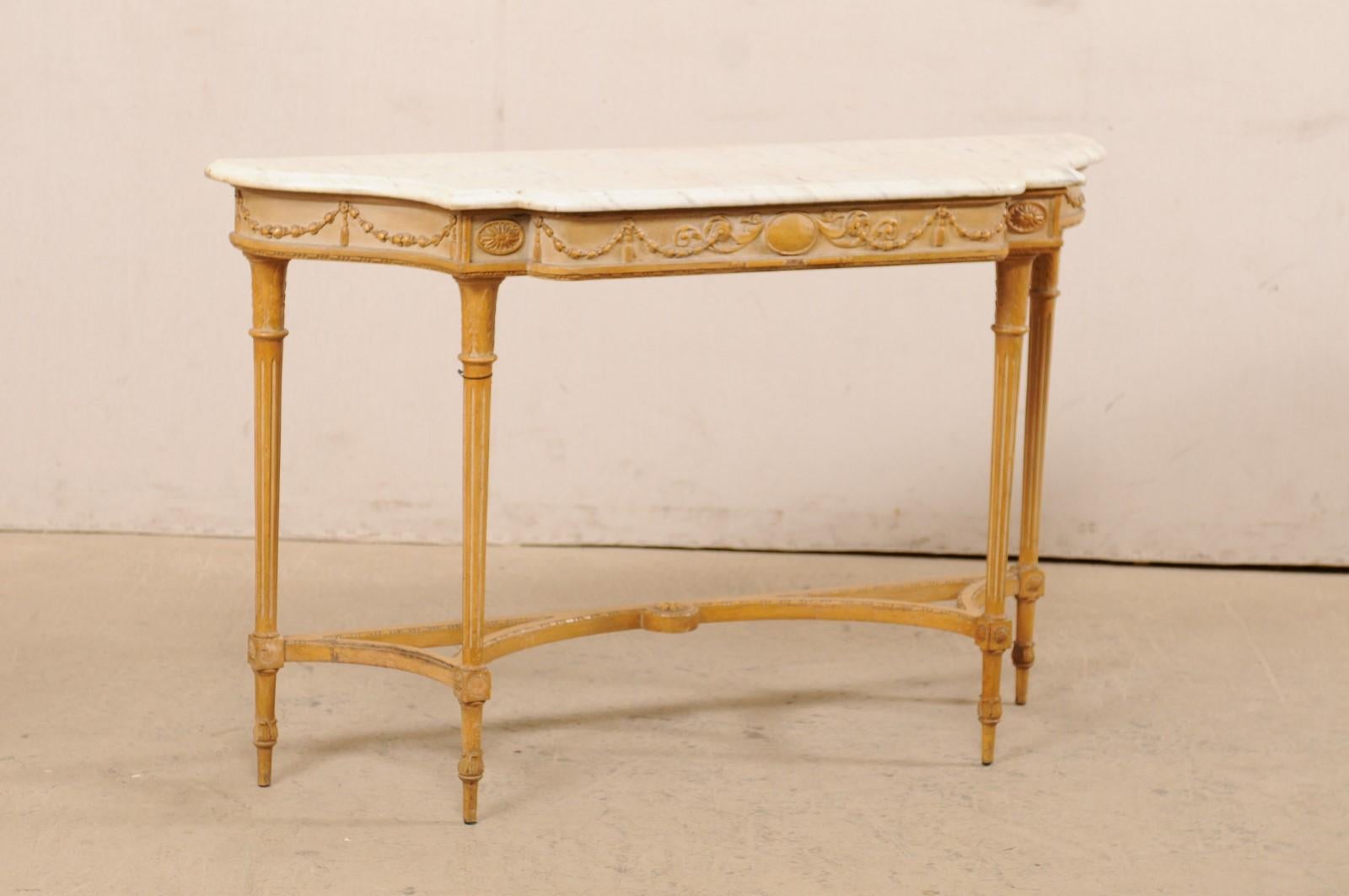 French Marble Top Console Table w/ Neoclassical Style Carvings & Fluted Legs In Good Condition In Atlanta, GA