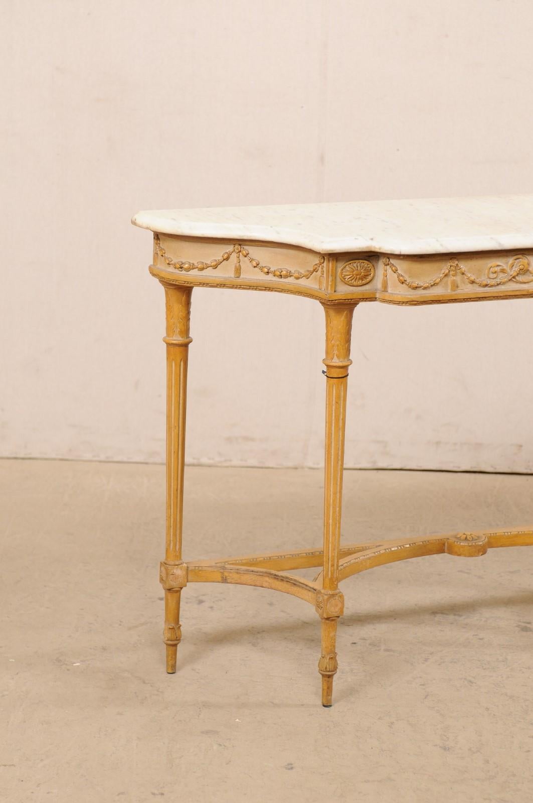 20th Century French Marble Top Console Table w/ Neoclassical Style Carvings & Fluted Legs