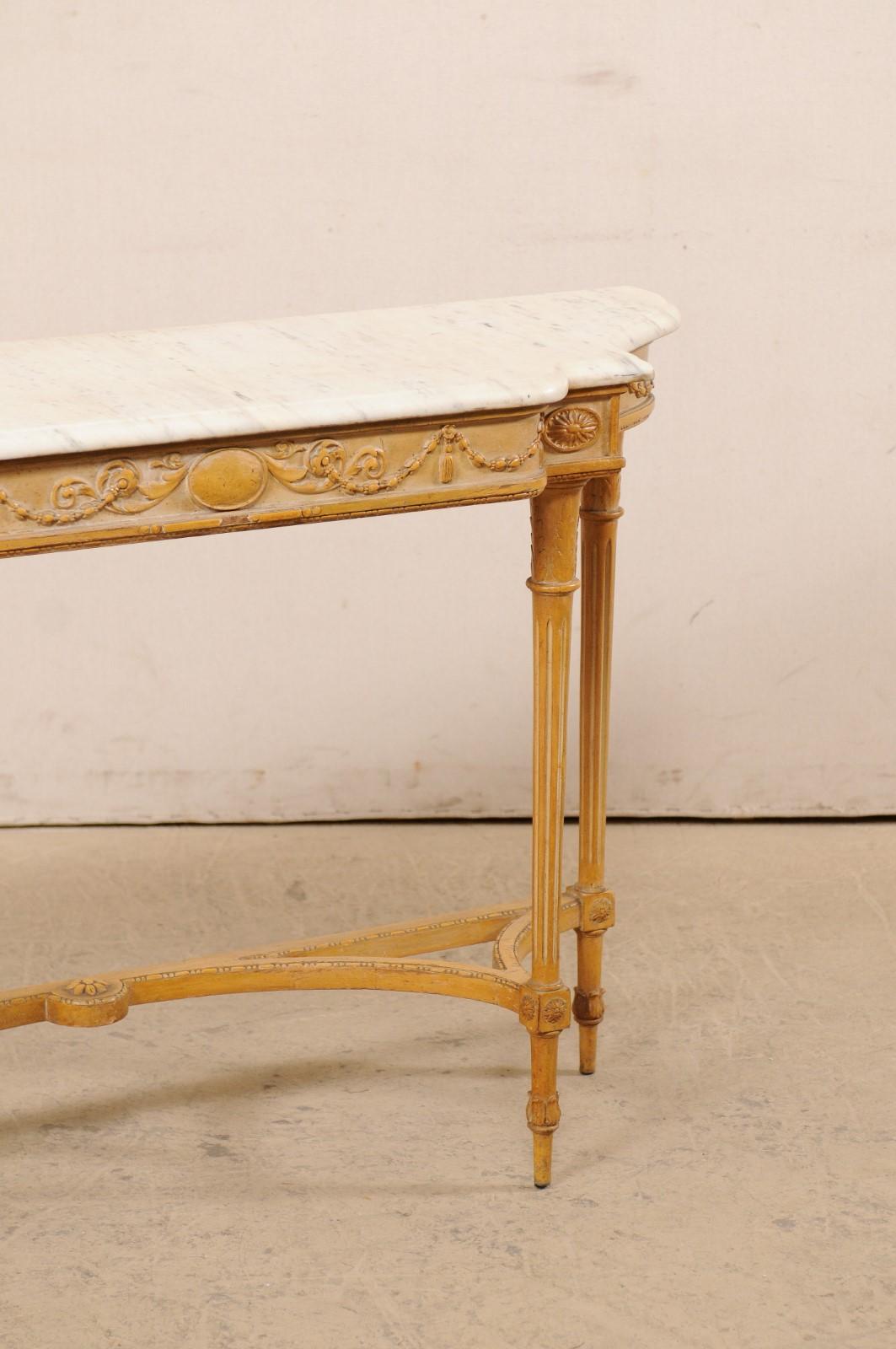 French Marble Top Console Table w/ Neoclassical Style Carvings & Fluted Legs 1