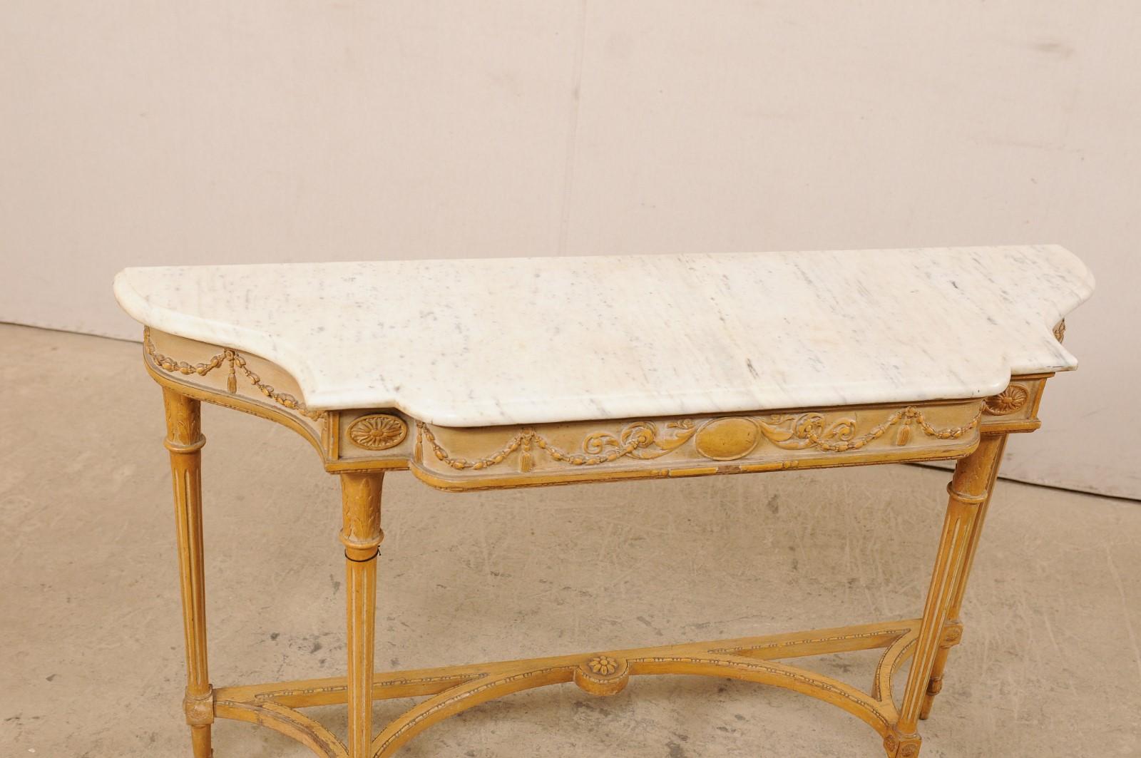French Marble Top Console Table w/ Neoclassical Style Carvings & Fluted Legs 2
