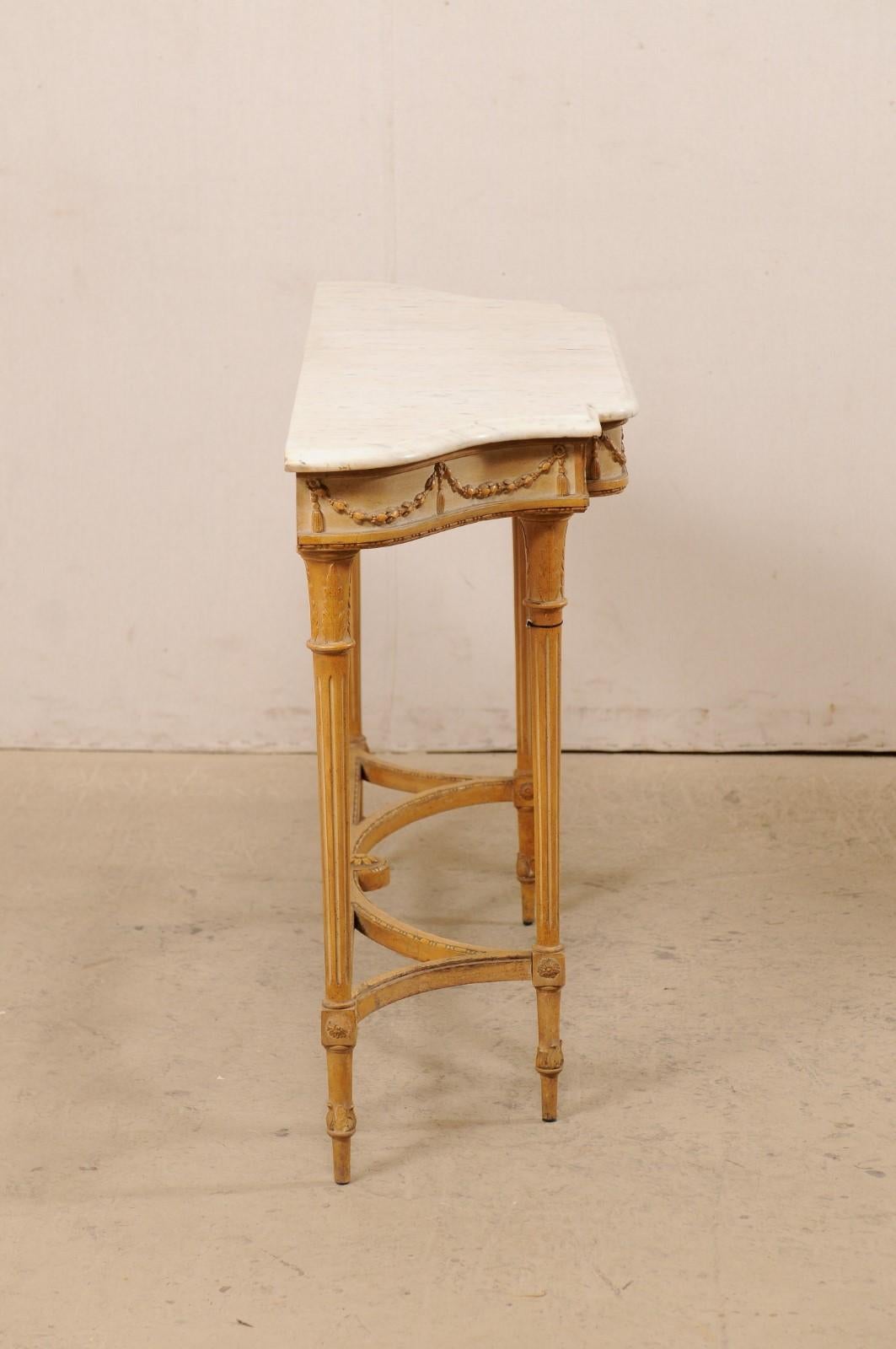 French Marble Top Console Table w/ Neoclassical Style Carvings & Fluted Legs 3