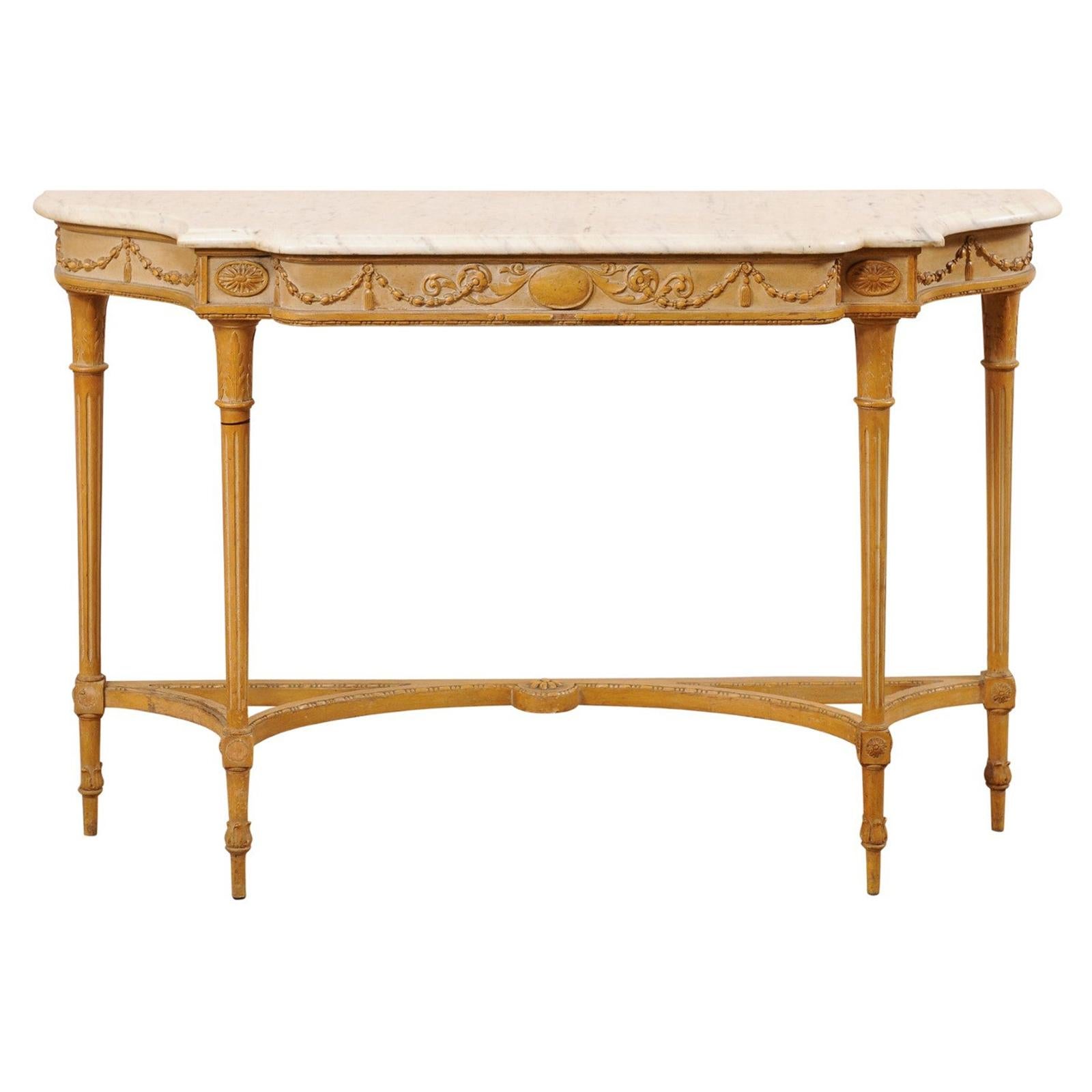 French Marble Top Console Table w/ Neoclassical Style Carvings & Fluted Legs