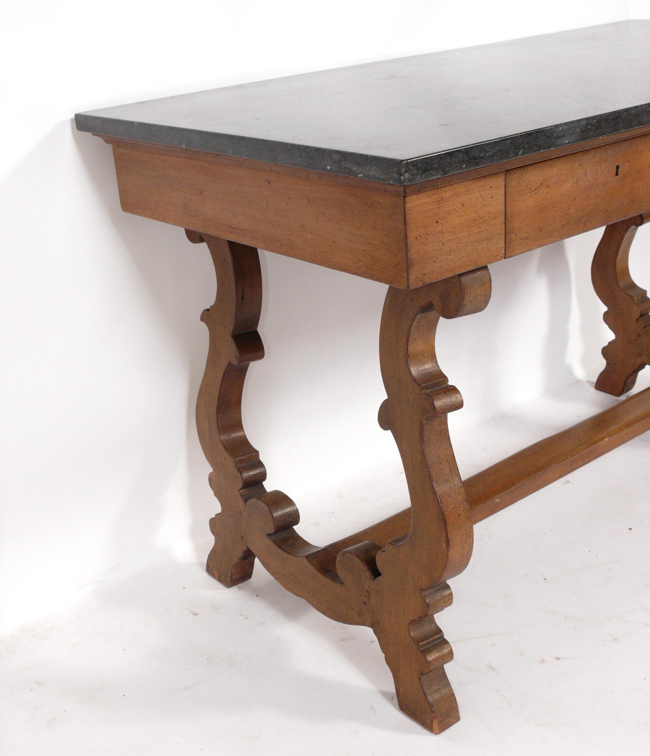 French marble top desk, France, circa 1940s. Retains warm original patina. This piece is a versatile size and can be used a desk, console table, server, or bar.