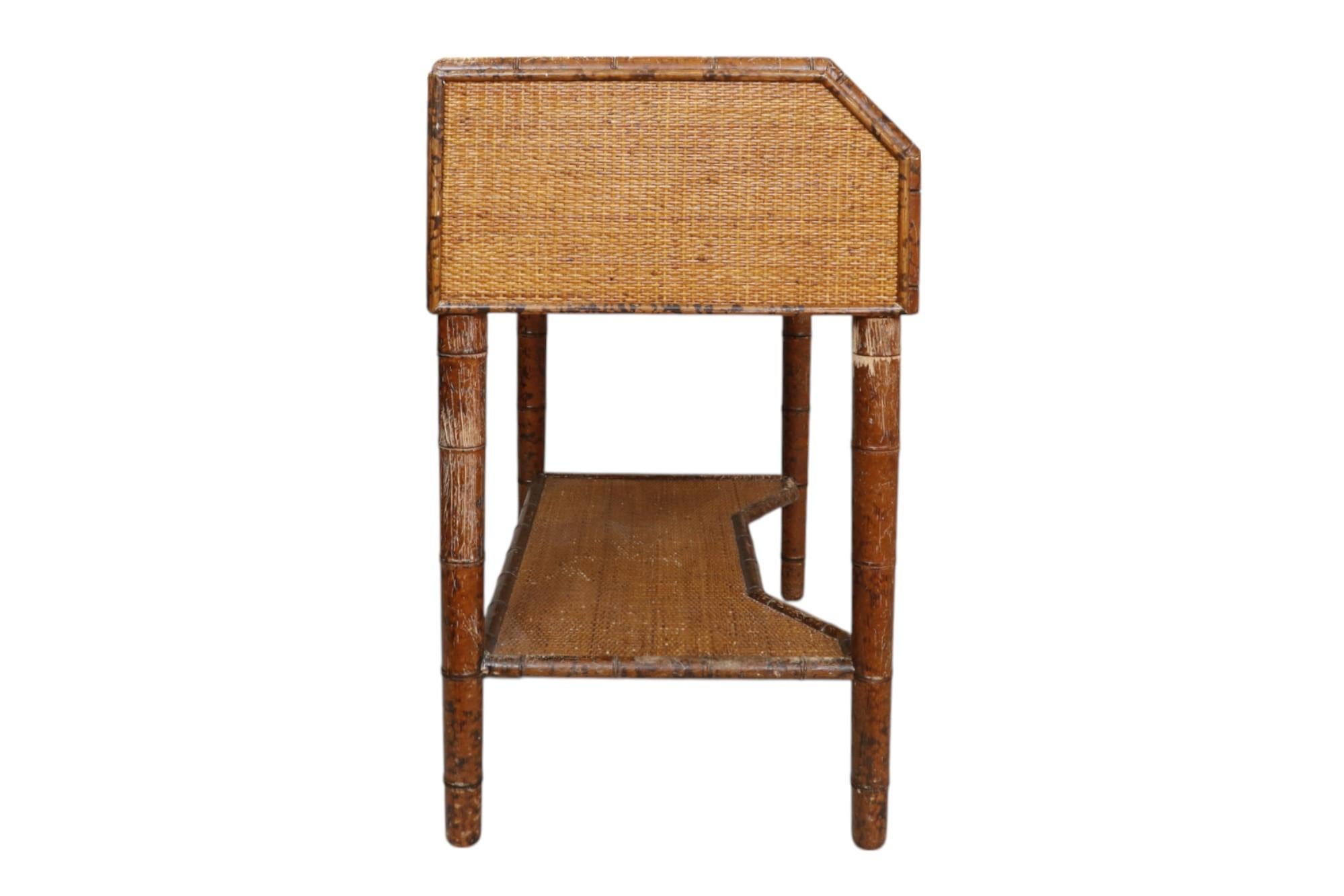 Rustic French Marble Top Faux Bamboo Side Table For Sale
