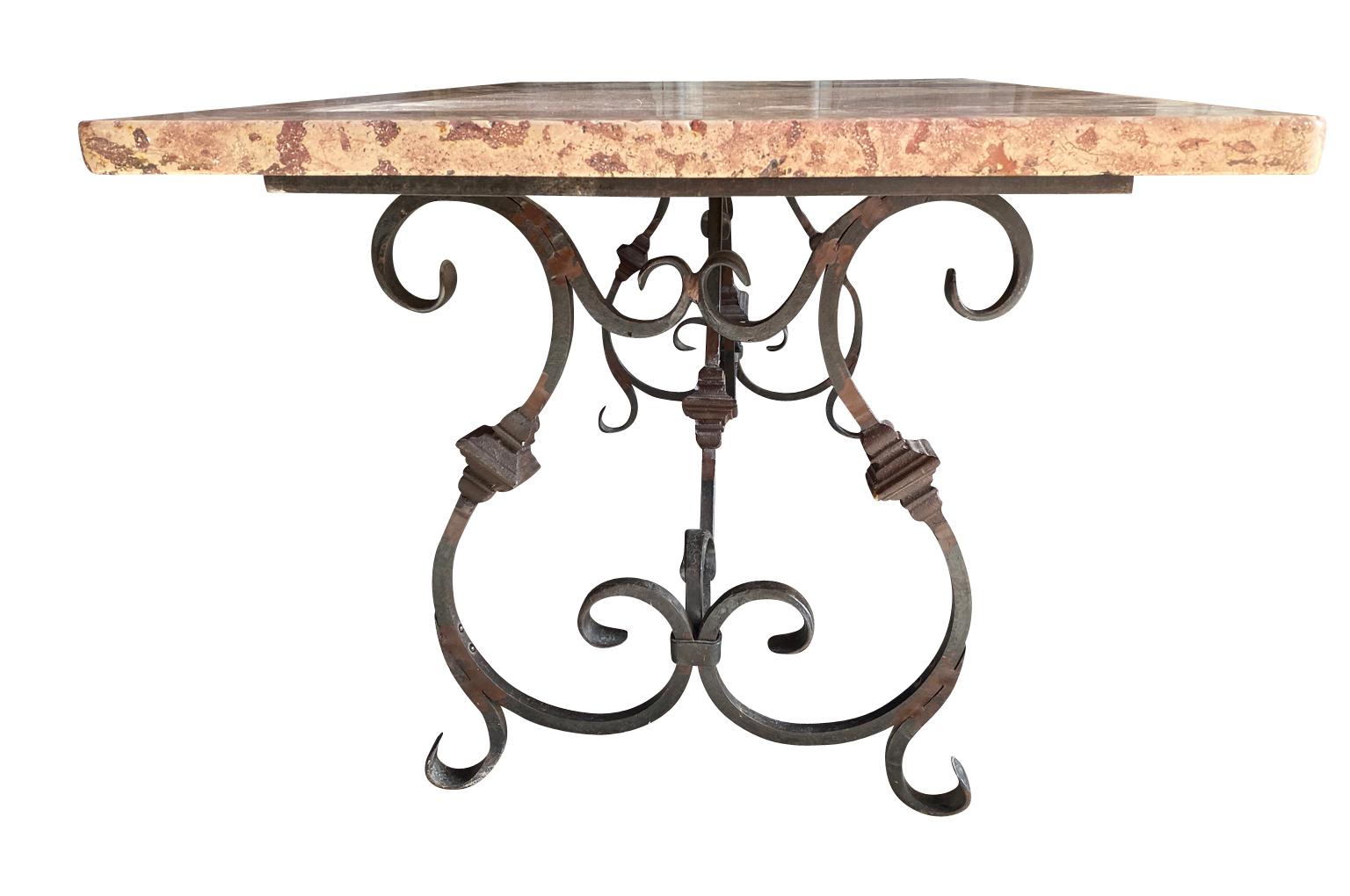 Iron French Marble Top Garden Dining Table For Sale