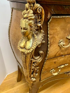 French Marble-Top Inlaid Bombe Chest with Mounted Bronze Ormolu