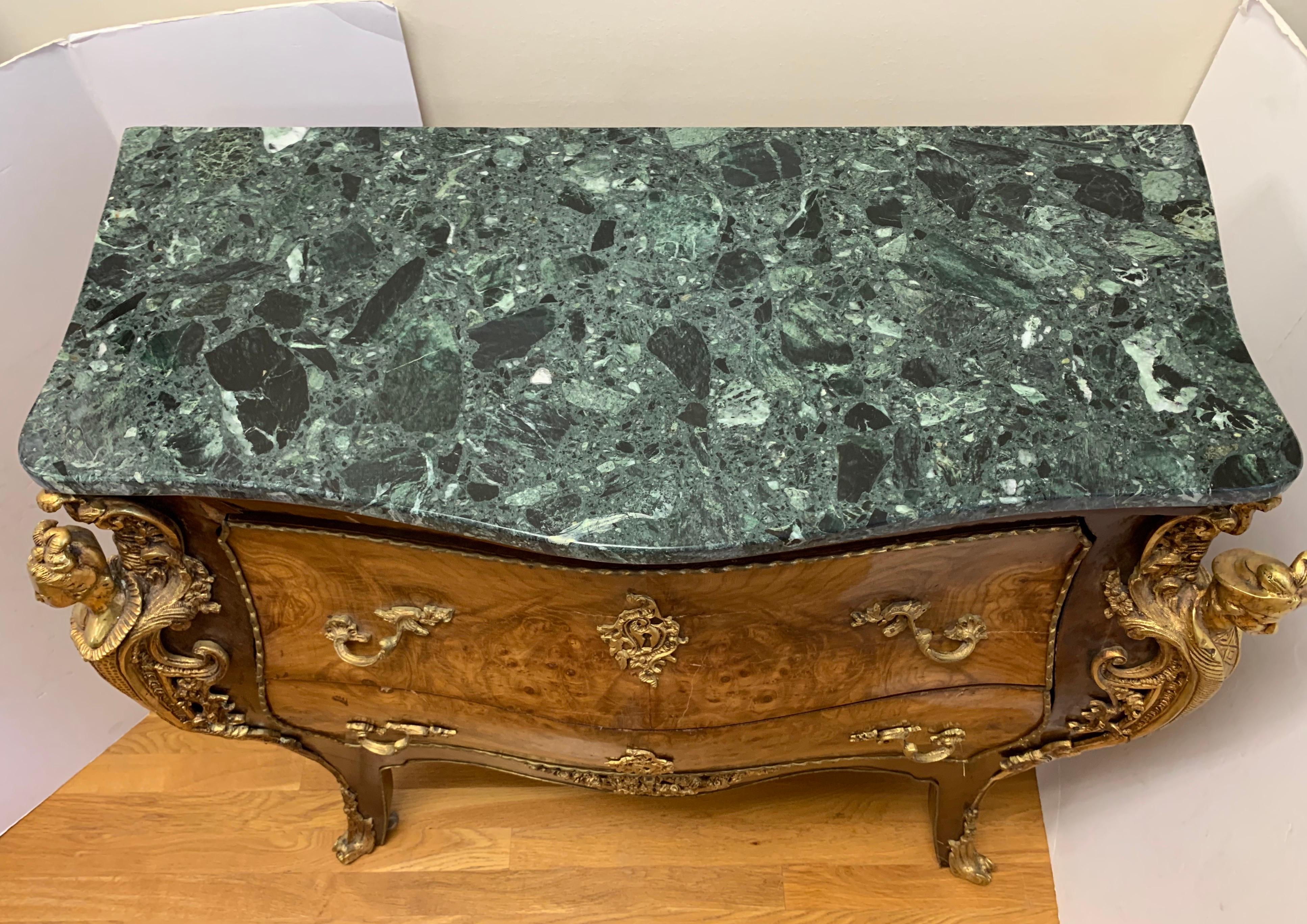 French Marble-Top Inlaid Bombe Chest with Mounted Bronze Ormolu In Good Condition In West Hartford, CT