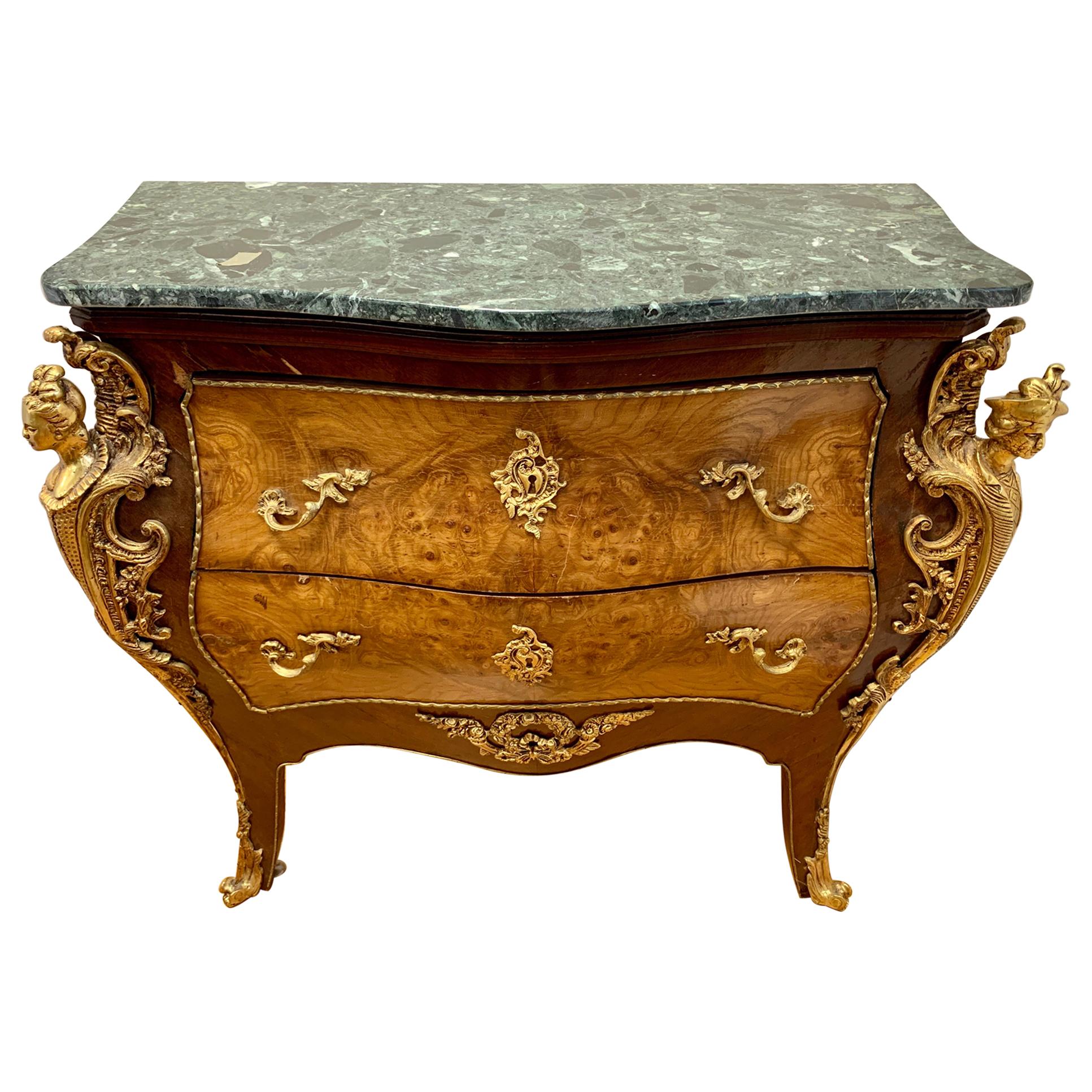French Marble-Top Inlaid Bombe Chest with Mounted Bronze Ormolu