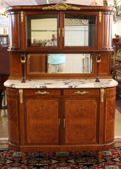 French Marble Top Inlaid Louis XVI Style Display Cabinet Sideboard Buffet