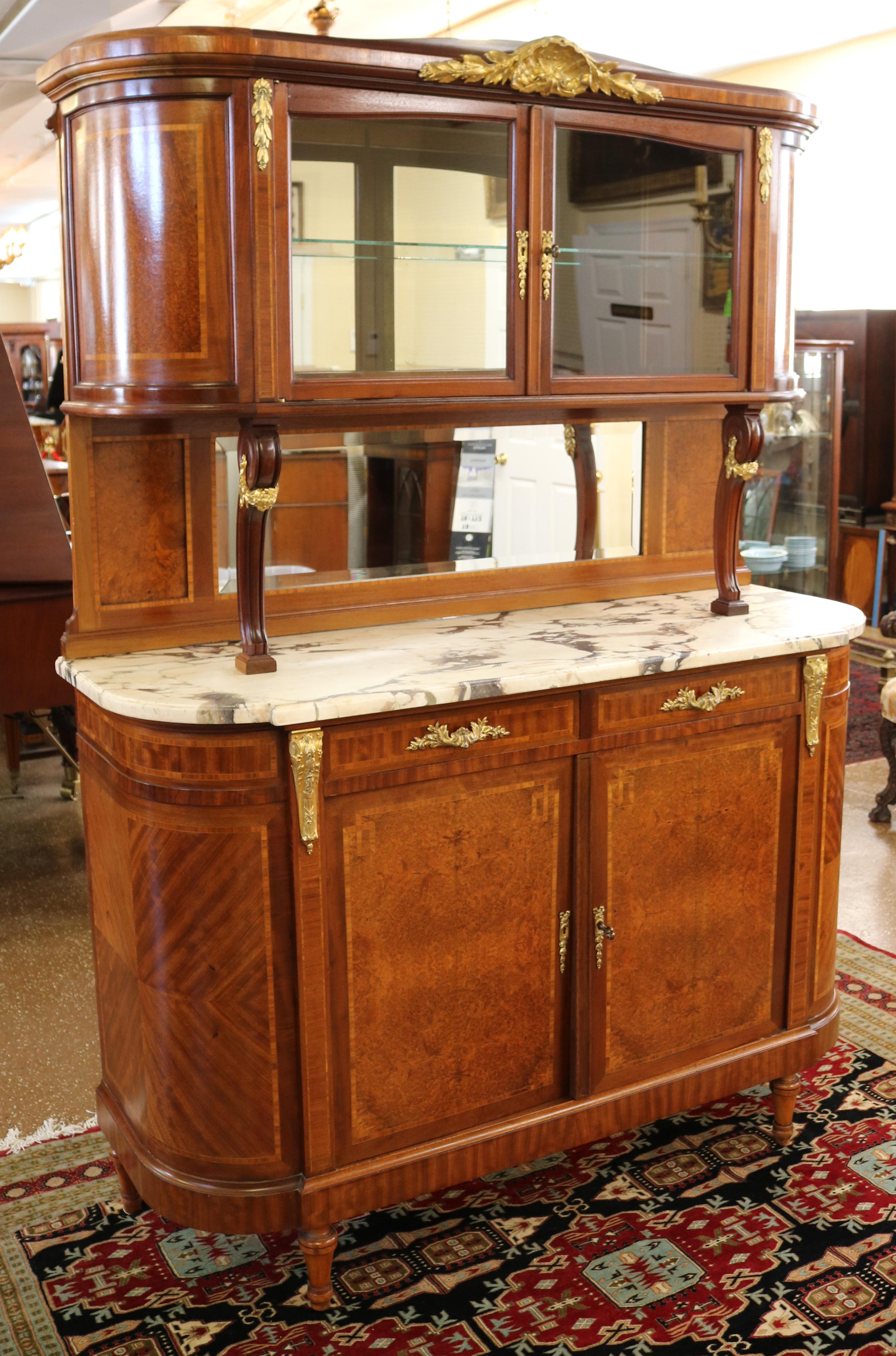 French Marble Top Inlaid Louis XVI Style Display Cabinet Sideboard Buffet In Good Condition For Sale In Long Branch, NJ