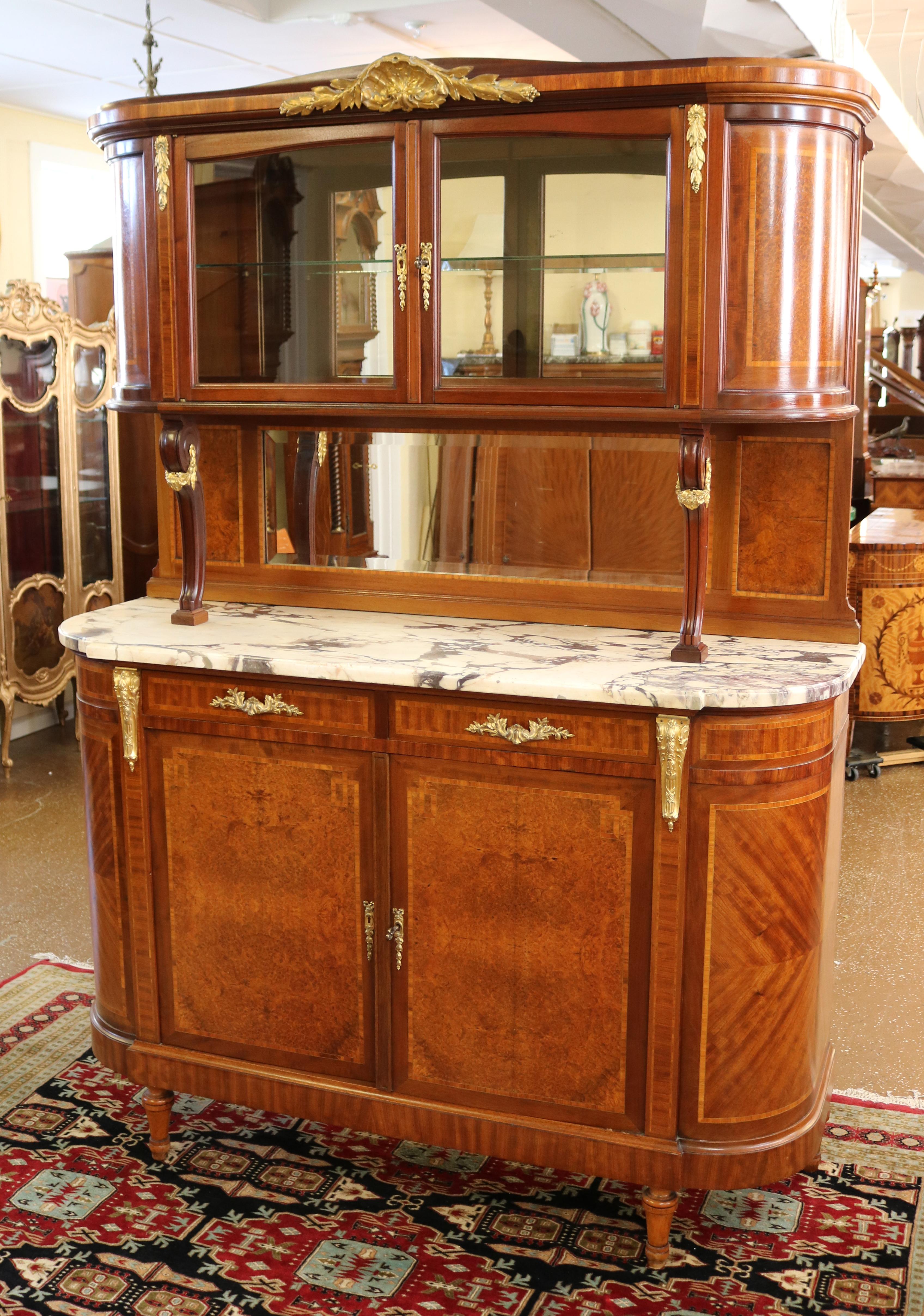 Early 20th Century French Marble Top Inlaid Louis XVI Style Display Cabinet Sideboard Buffet For Sale