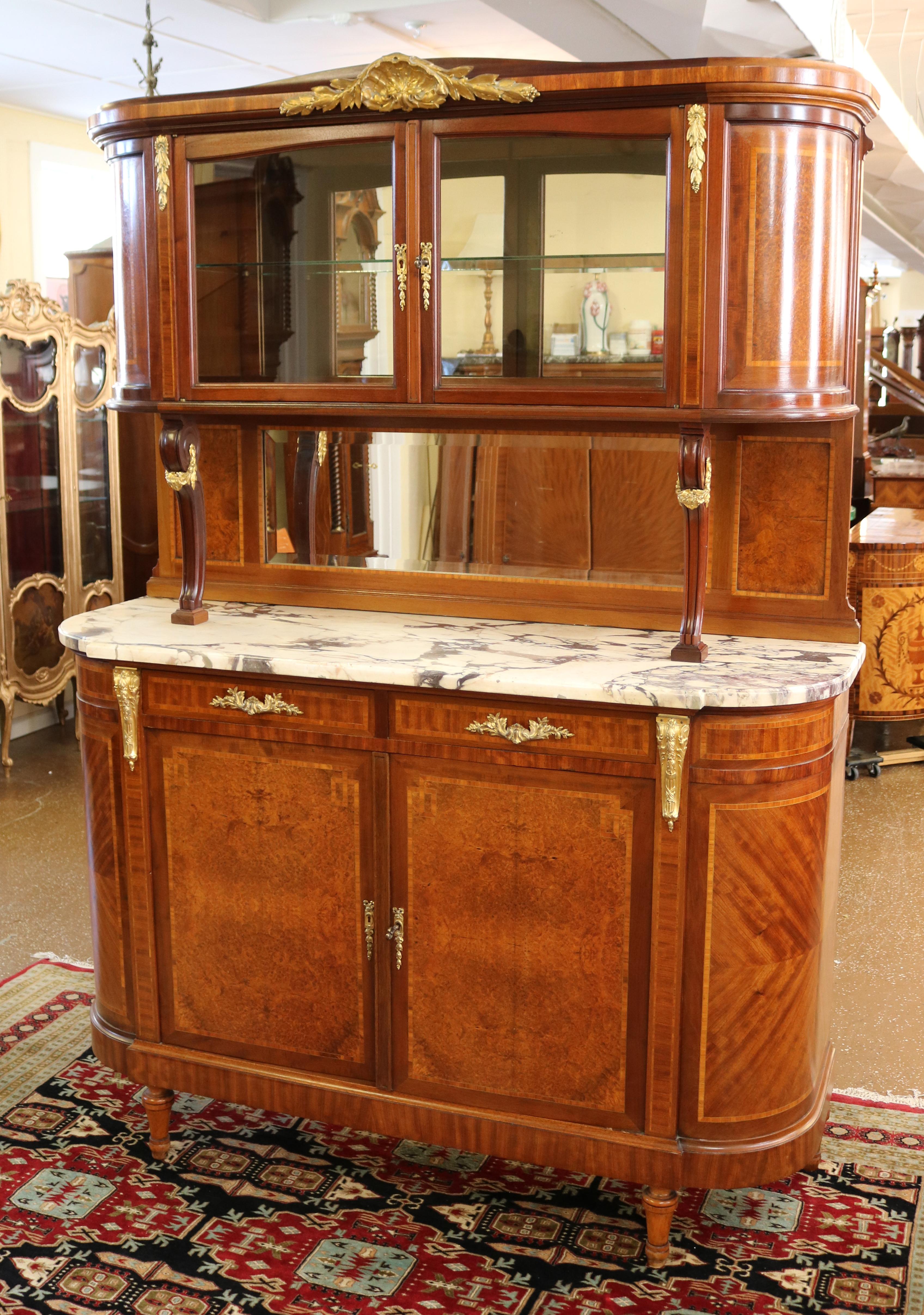 Early 20th Century French Marble Top Inlaid Louis XVI Style Display Cabinet Sideboard Buffet