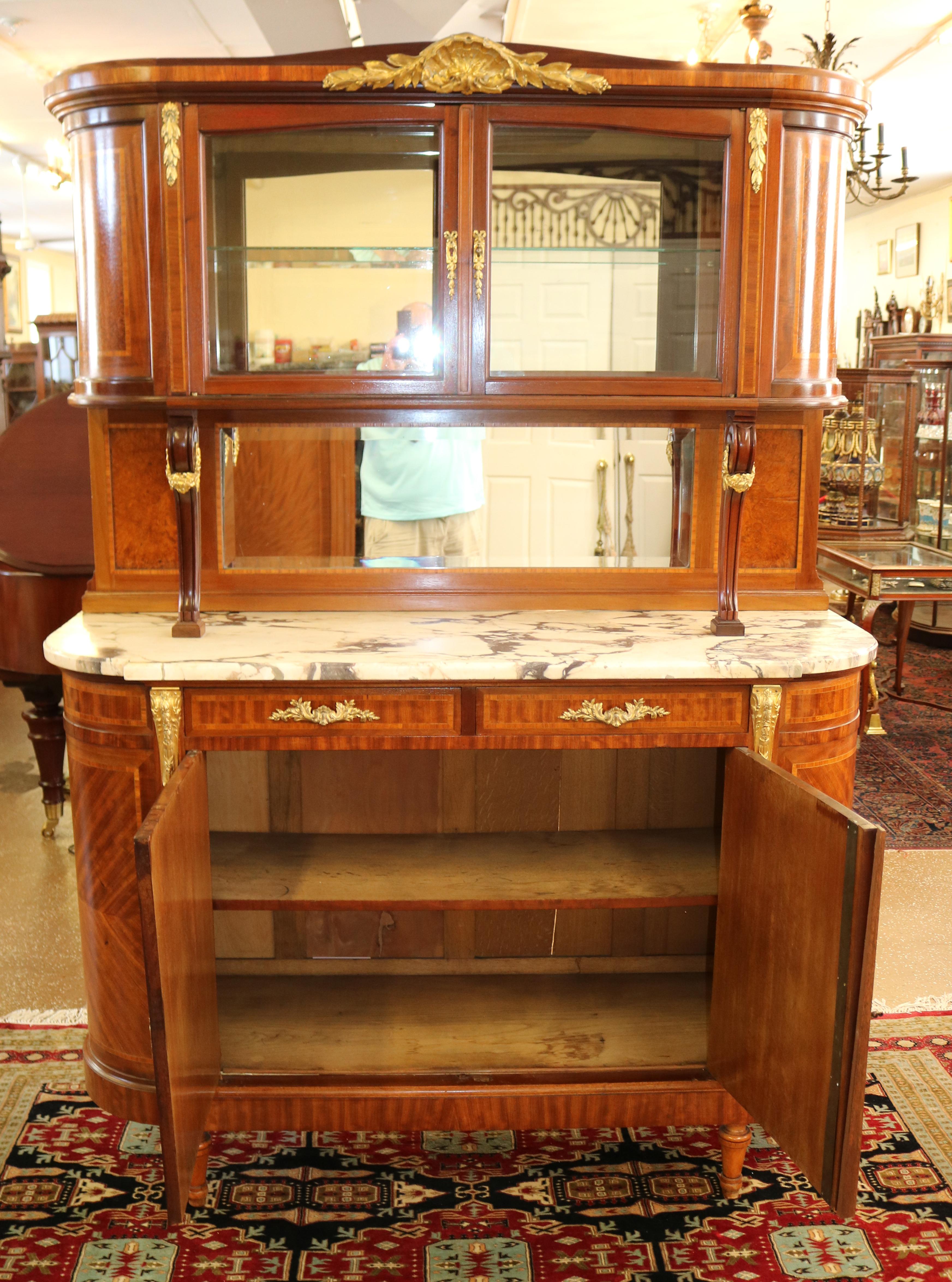 French Marble Top Inlaid Louis XVI Style Display Cabinet Sideboard Buffet For Sale 1