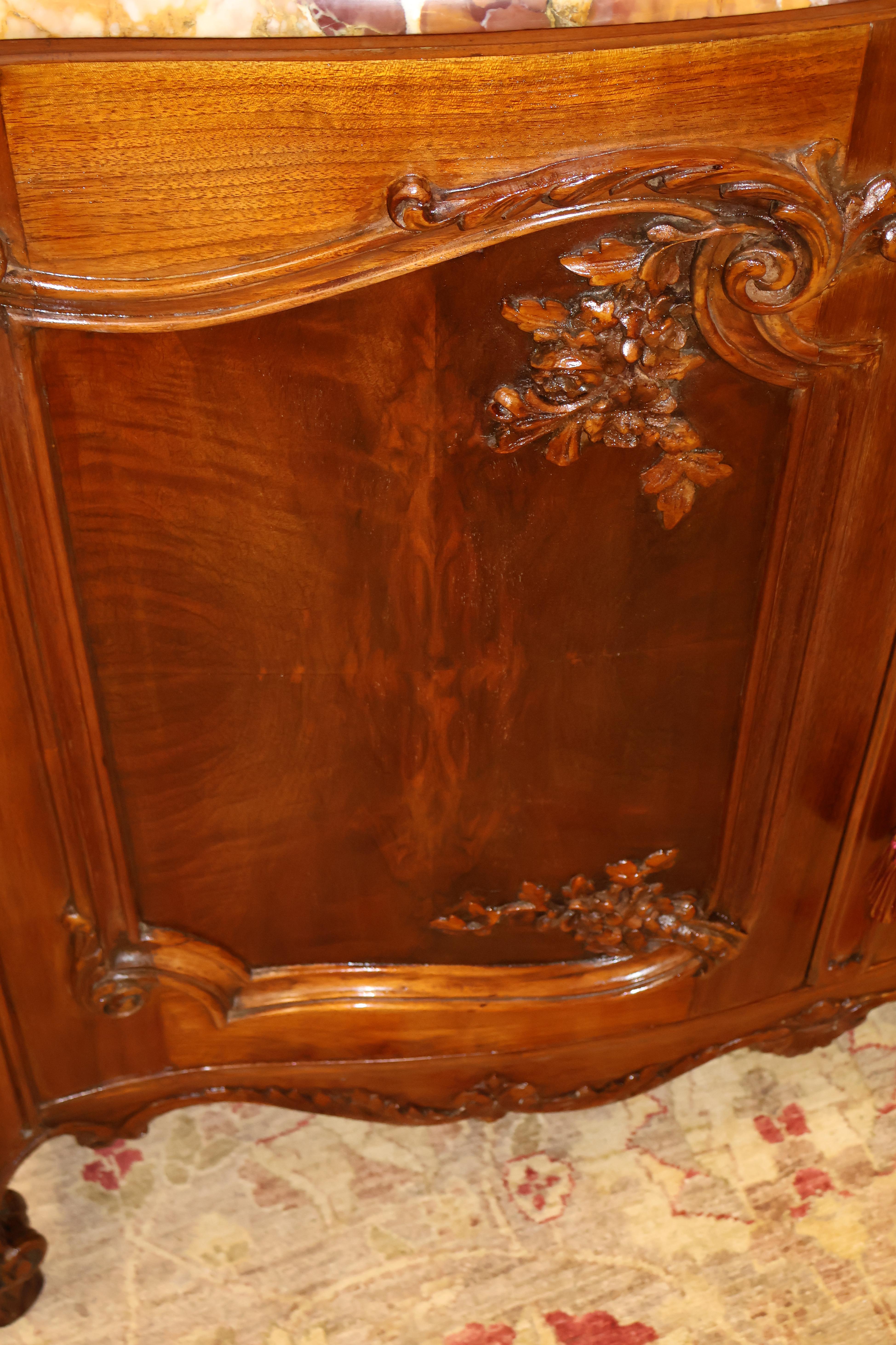 French Marble Top Louis XV Style Carved Circassian Walnut Buffet Chest Commode For Sale 7