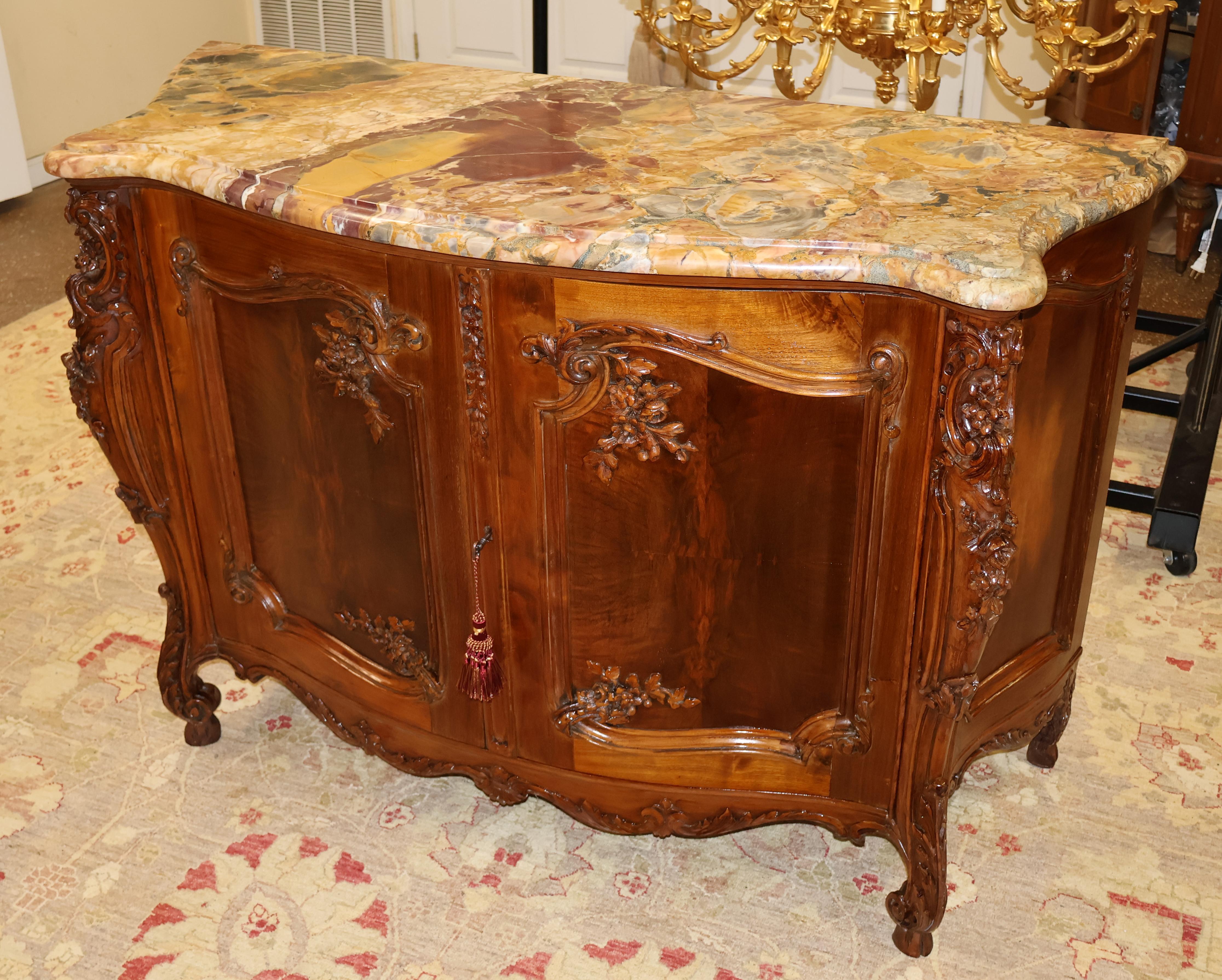 French Marble Top Louis XV Style Carved Circassian Walnut Buffet Chest Commode In Good Condition For Sale In Long Branch, NJ