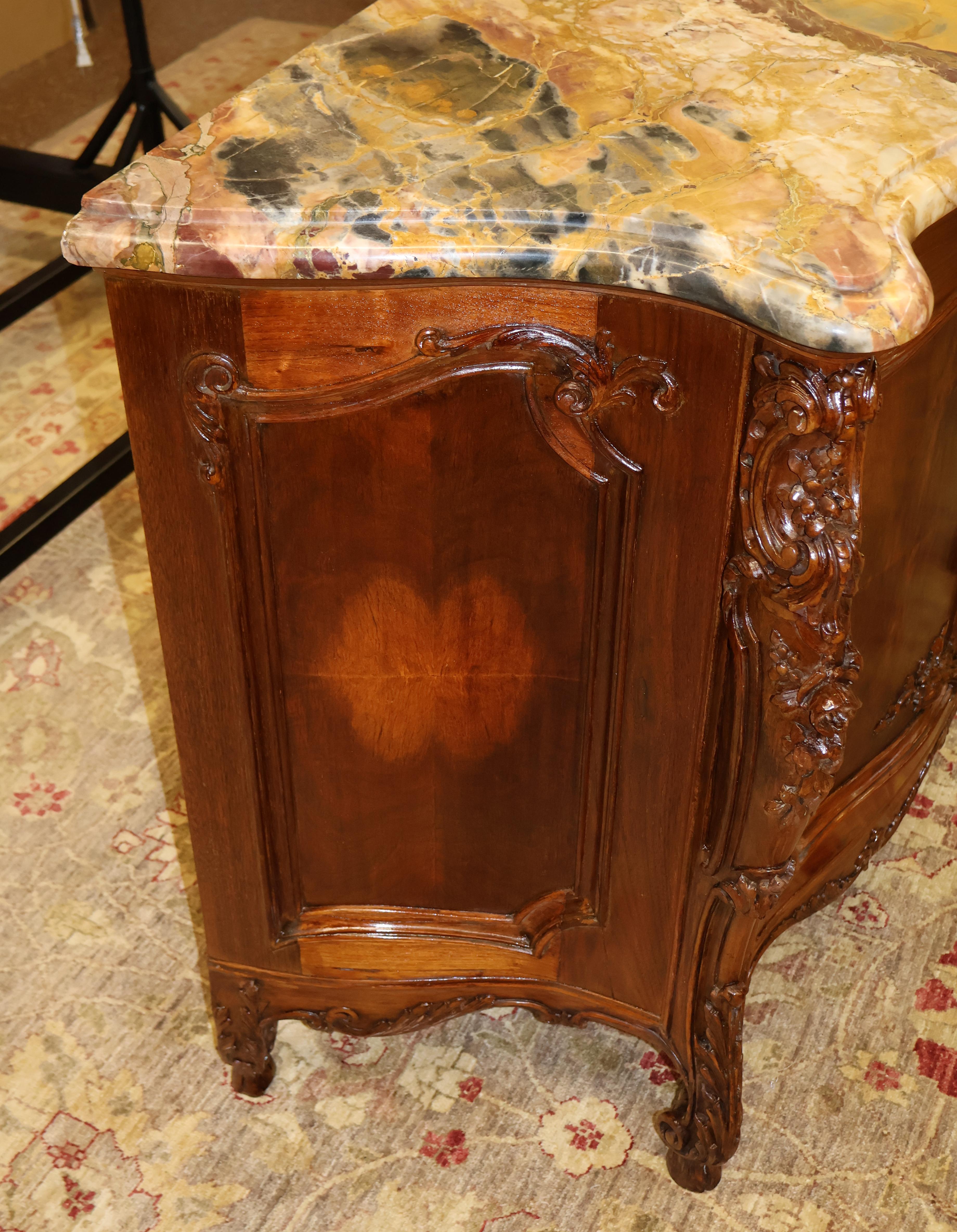 French Marble Top Louis XV Style Carved Circassian Walnut Buffet Chest Commode For Sale 1