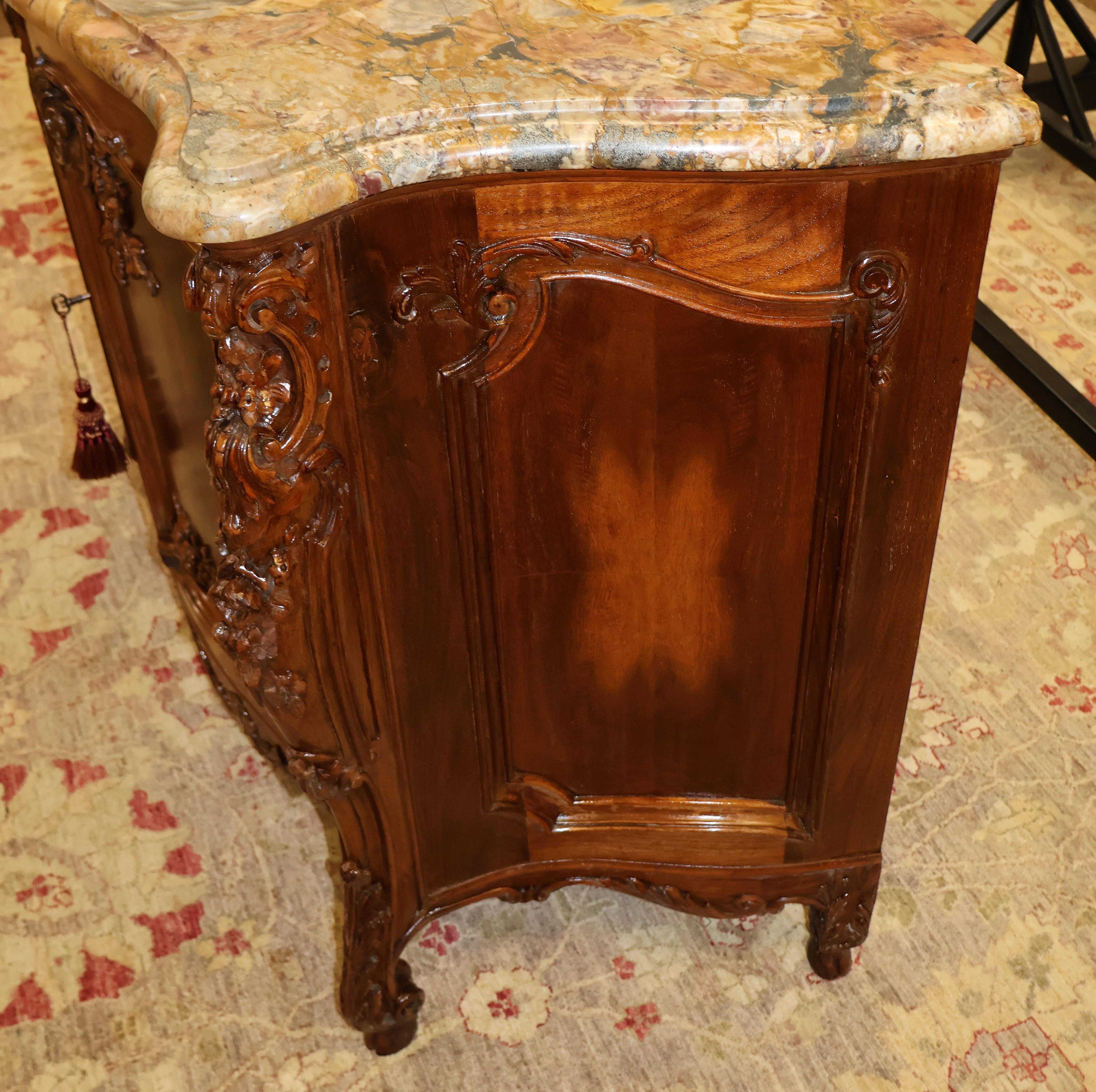 French Marble Top Louis XV Style Carved Circassian Walnut Buffet Chest Commode For Sale 2
