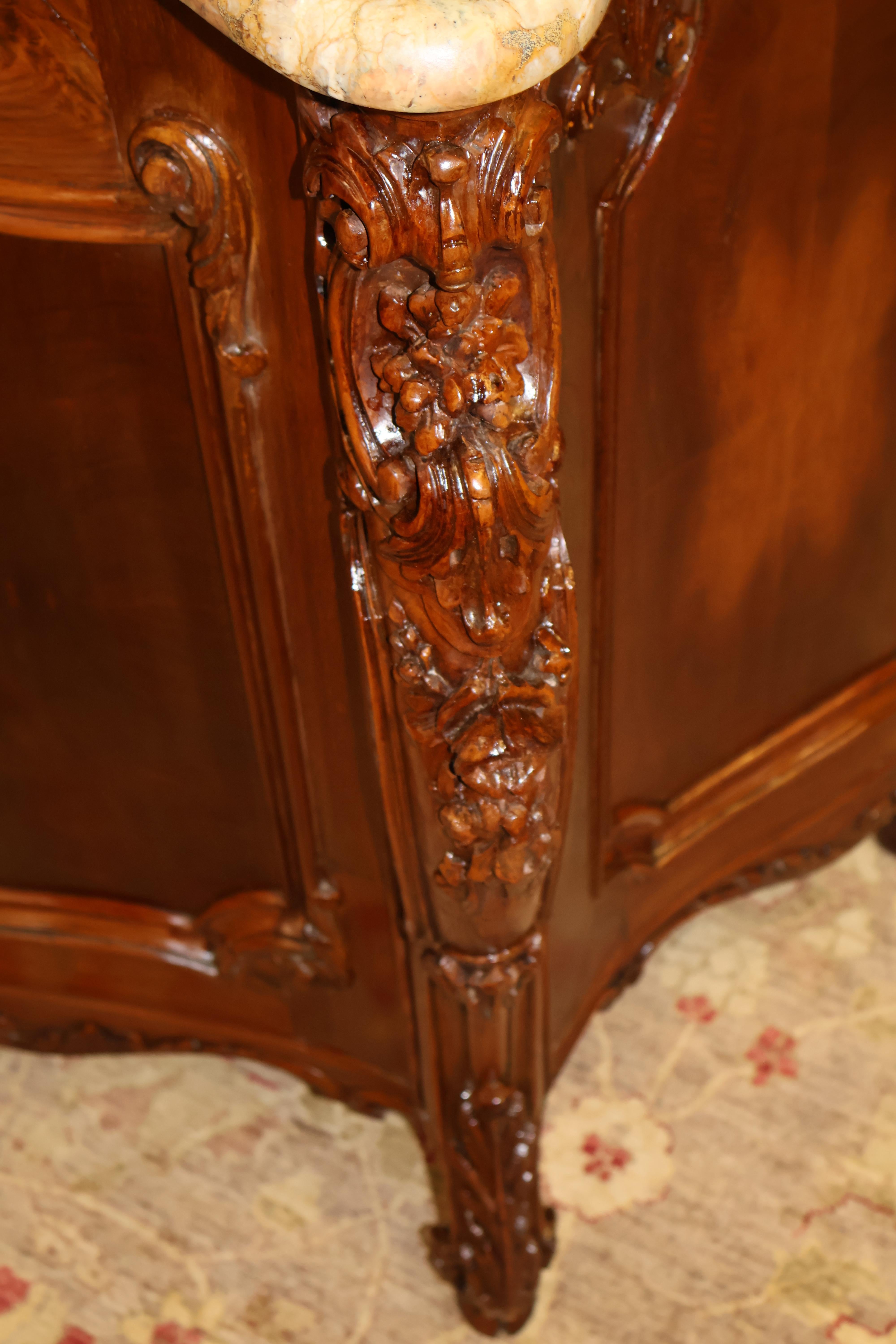 French Marble Top Louis XV Style Carved Circassian Walnut Buffet Chest Commode For Sale 3