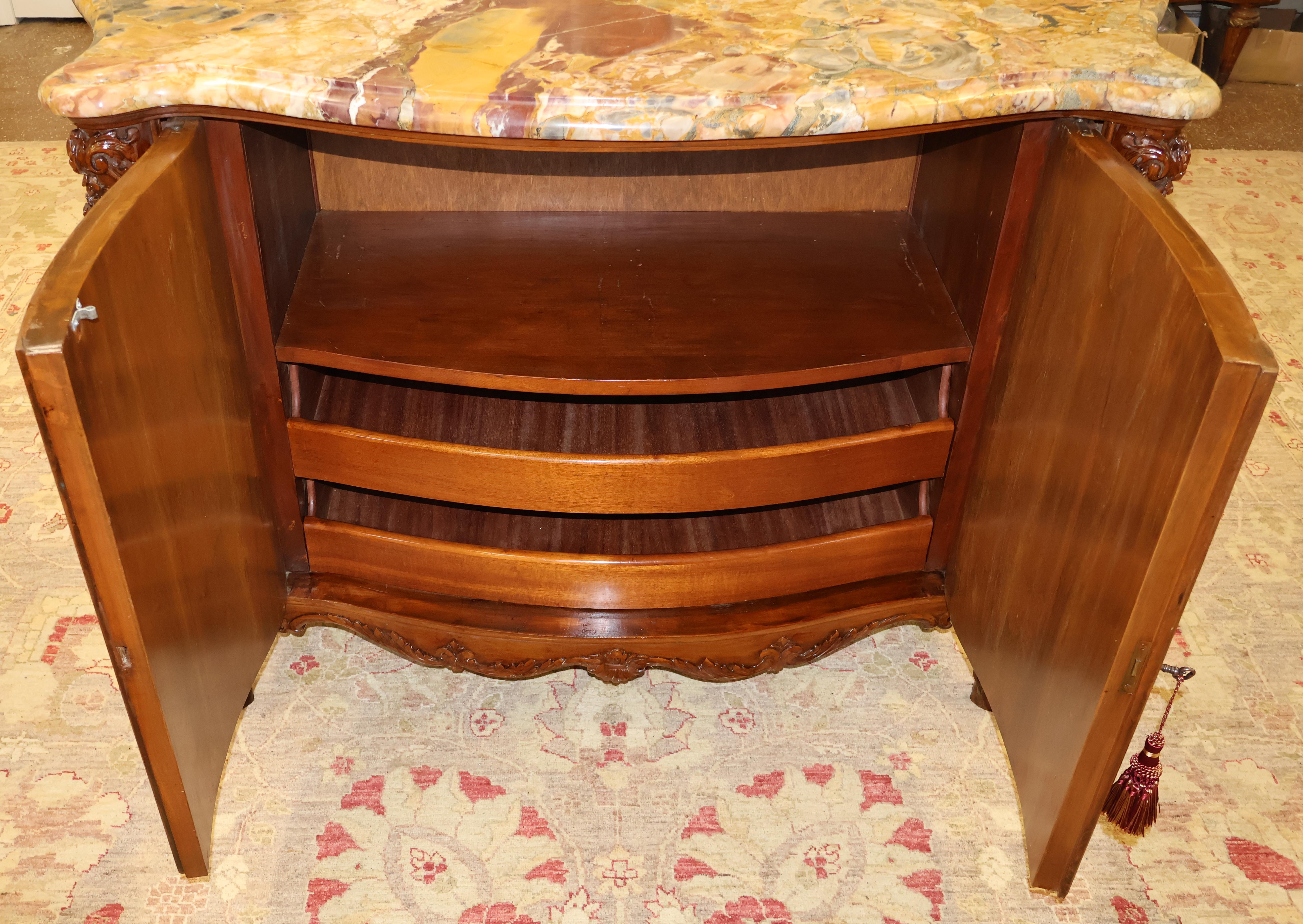 French Marble Top Louis XV Style Carved Circassian Walnut Buffet Chest Commode For Sale 4