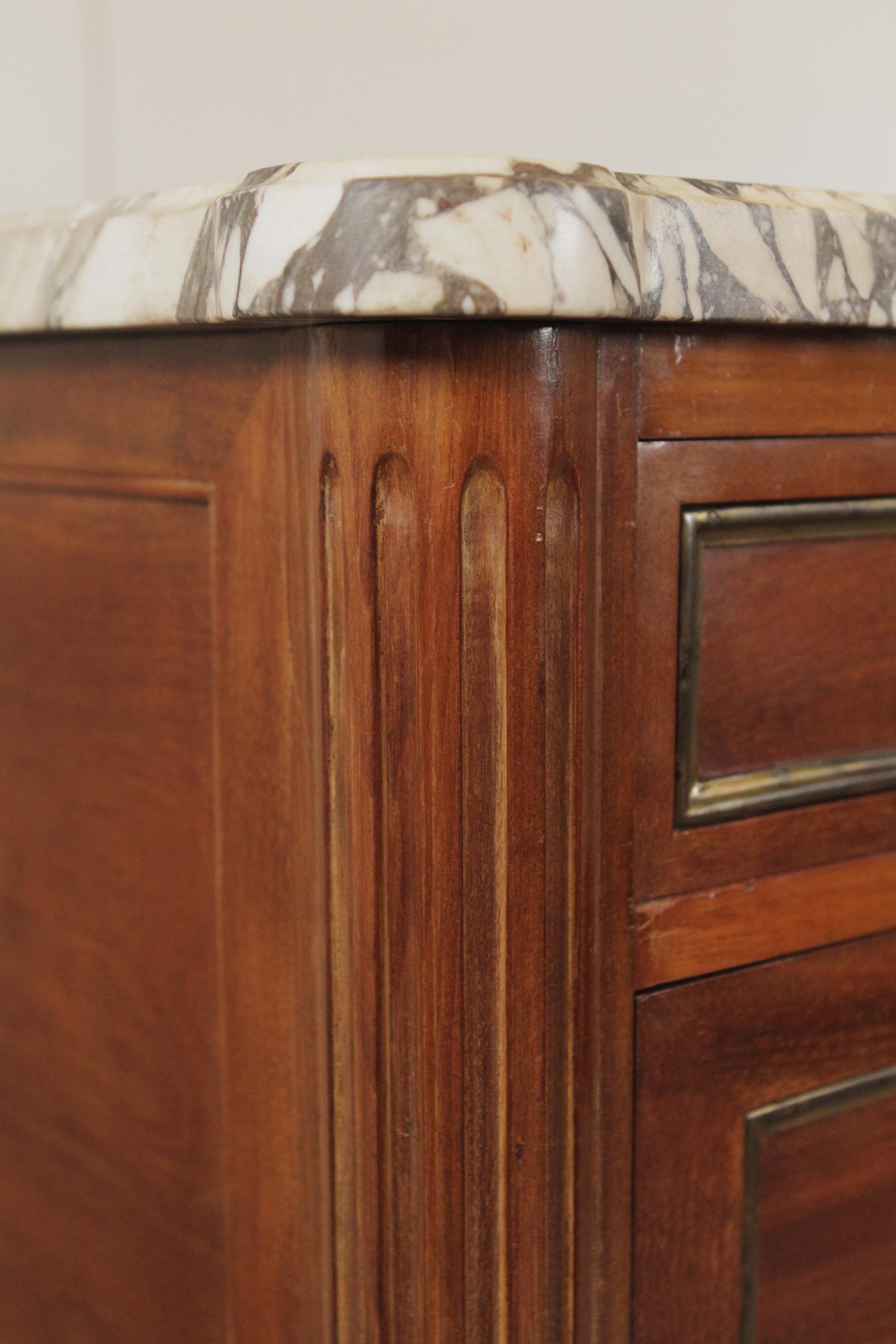 French Marble Top Mahogany Brass Inlaid Console/Cabinet  In Good Condition In Lambertville, NJ